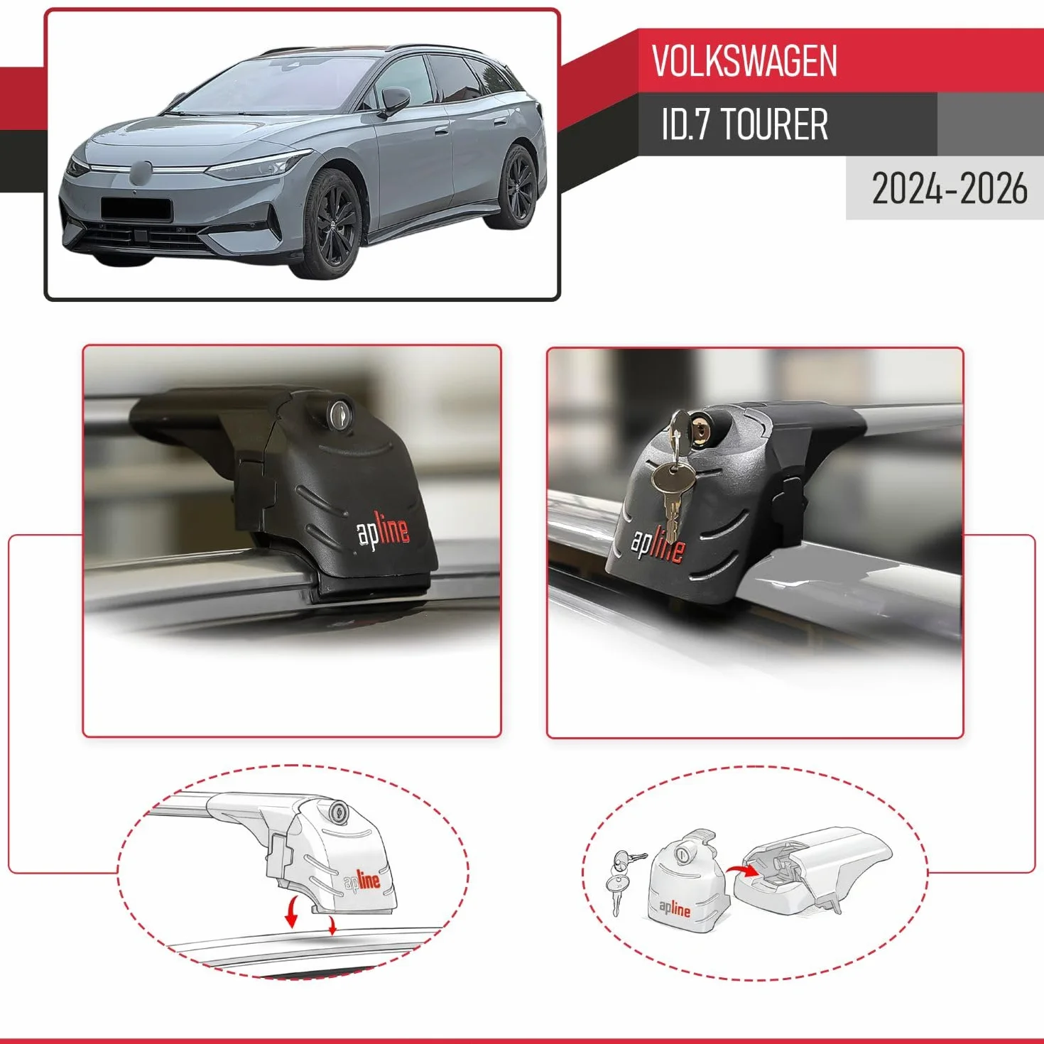 Kompatybilny z Compatible with Volkswagen ID.7 Tourer 2024-2026 ACE-2 Model Aluminiowy bagażnik dachowy 2 poprzeczki, szary