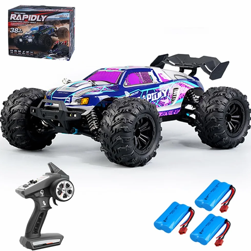 X-Verse 1:16 zdalnie sterowany samochód, silnik z szczotką węglową 50 km/h RC High Speed Offroad Drift Racing, 2,4 GHz 4WD All Terrain Offroad, samochód wyścigowy, 3 baterie (fioletowy)