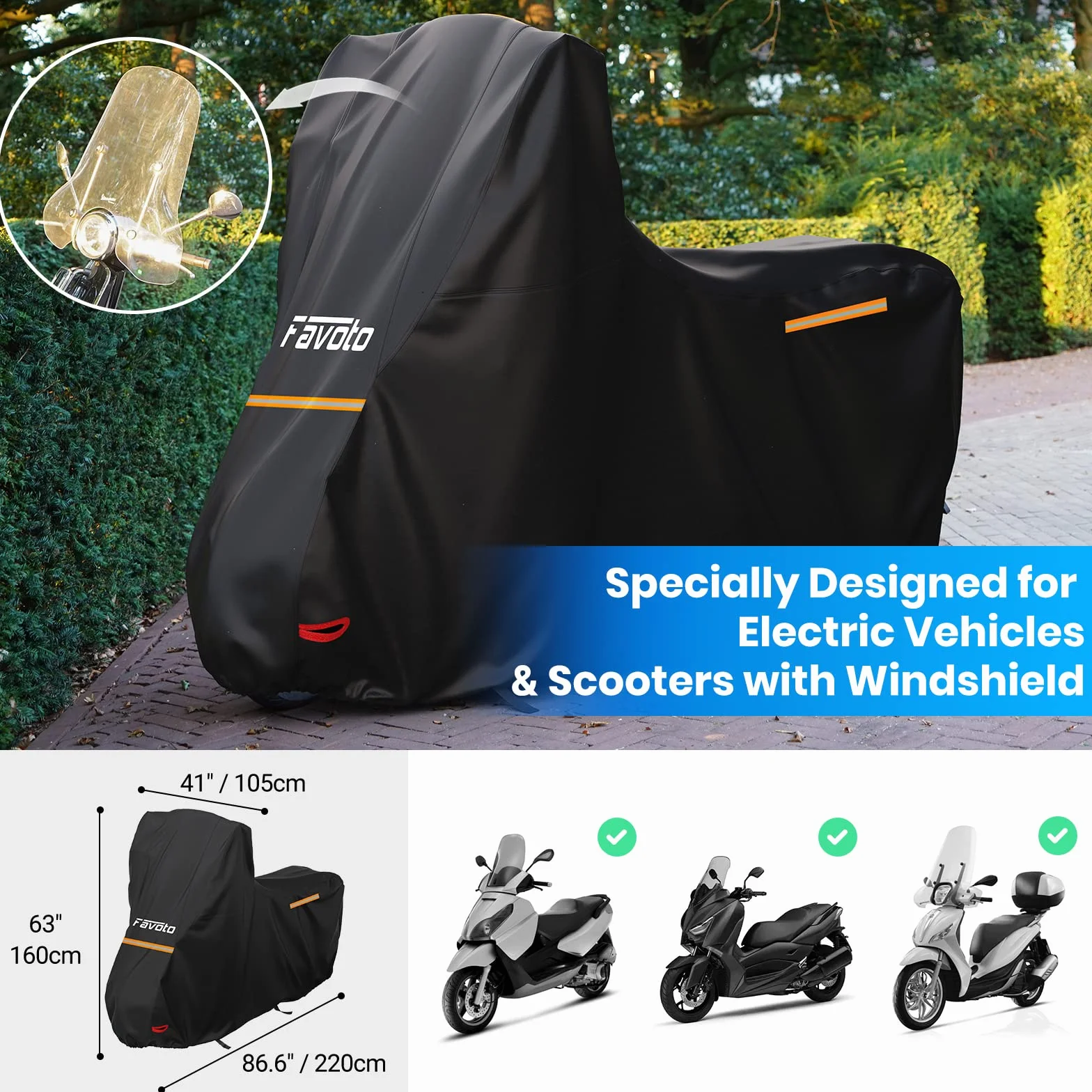 Favoto Pokrowiec na motocykl 210D Oxford osłona motocykla z wysoką szybą odblaskową taśmy, wodoodporny kurz deszcz wiatr ptasie odchody, 220x105x160cm czarny