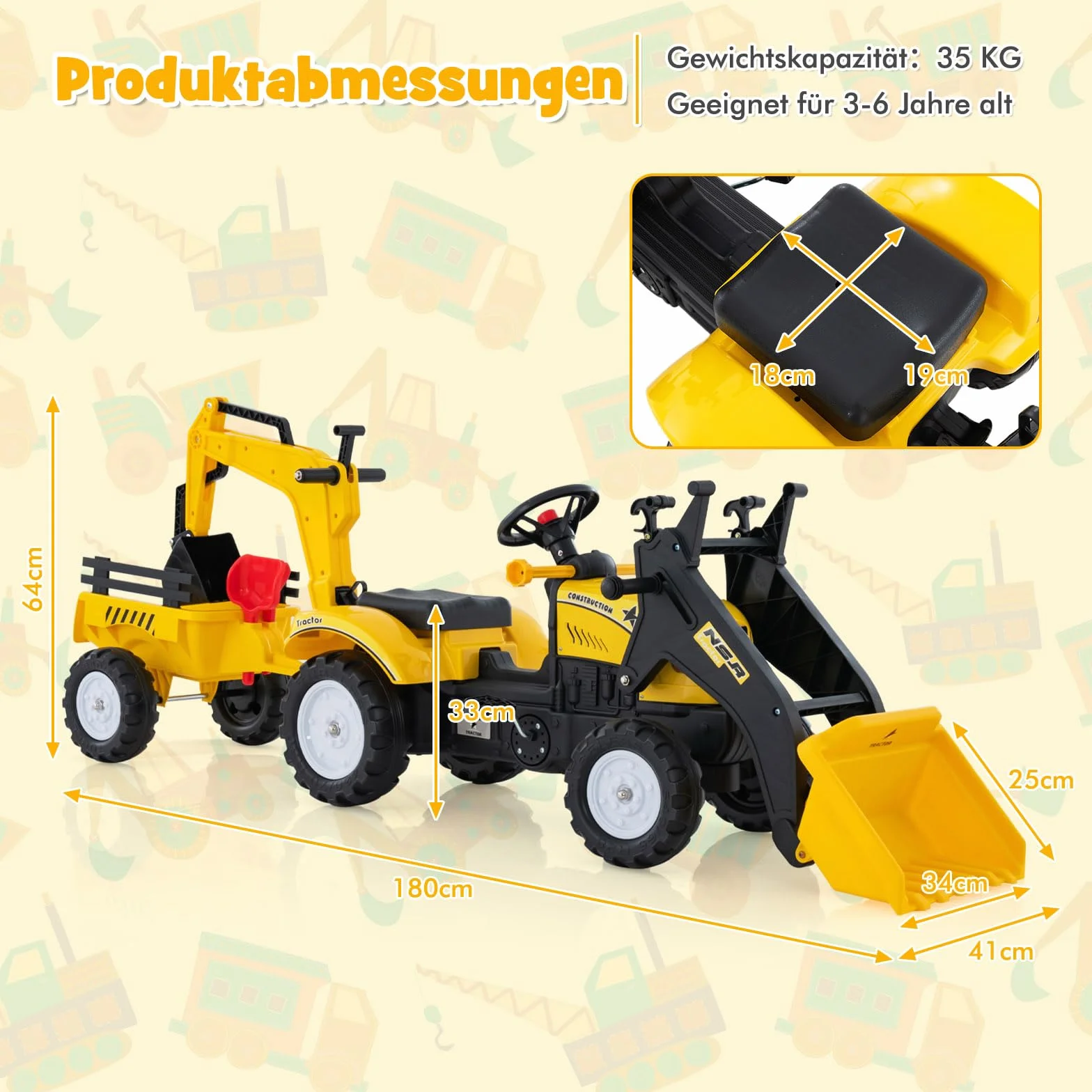 COSTWAY Traktor na pedały, dla dzieci ze zdejmowaną przyczepą i szuflą do grobu, koparko-ładowarka, obciążenie do 35 kg, koparka do siedzenia dla dzieci w wieku 3-6 lat (żółty)