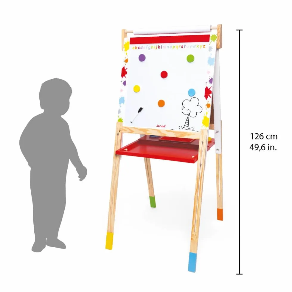 Janod Kids Wooden Double Sided Easel ‘Splash’ - Dynamic, Height Adjustable - Magnetic Whiteboard + Chalk Board - Including 13 Accessories - From 3 Years Old, J09611