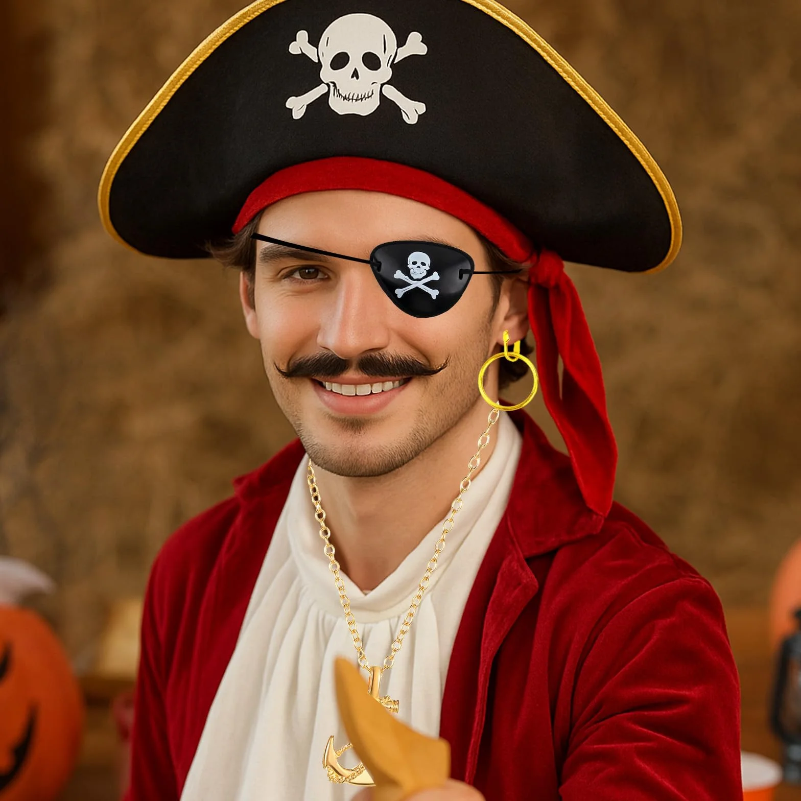 6-częściowy zestaw akcesoriów do kostiumu pirata dla dzieci, zawiera czapkę piracką, opaskę na oczy, naszyjnik, kolczyki, torbę na pieniądze, idealny na Halloween, imprezę, cosplay i motyw