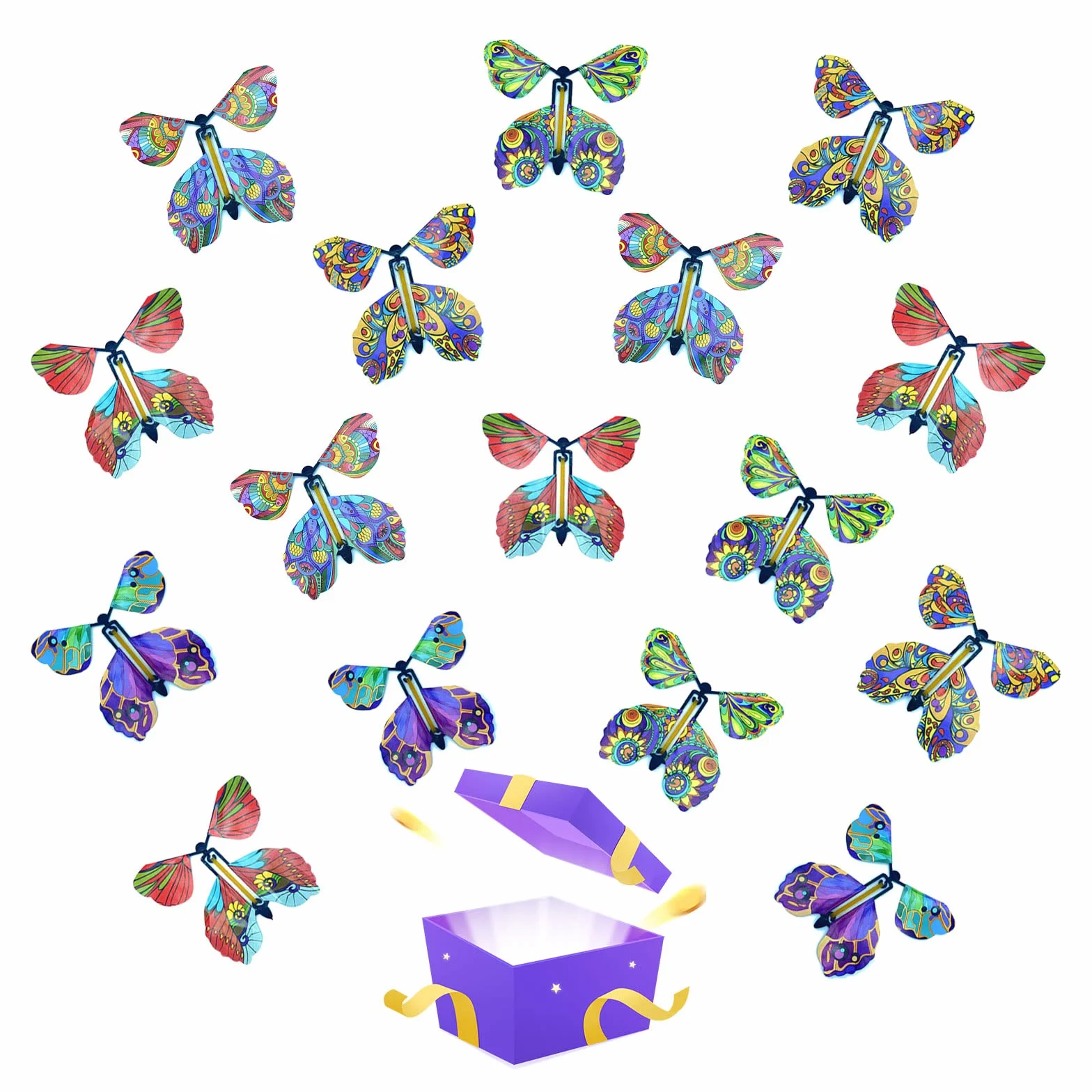 TSHAOUN 16 sztuk magicznych zabawek w kształcie motyla, Magic Flying Card Wind up Butterfly Toy, latający motyl kartka niespodzianka, prezent na urodziny, wesele (kolor losowy)