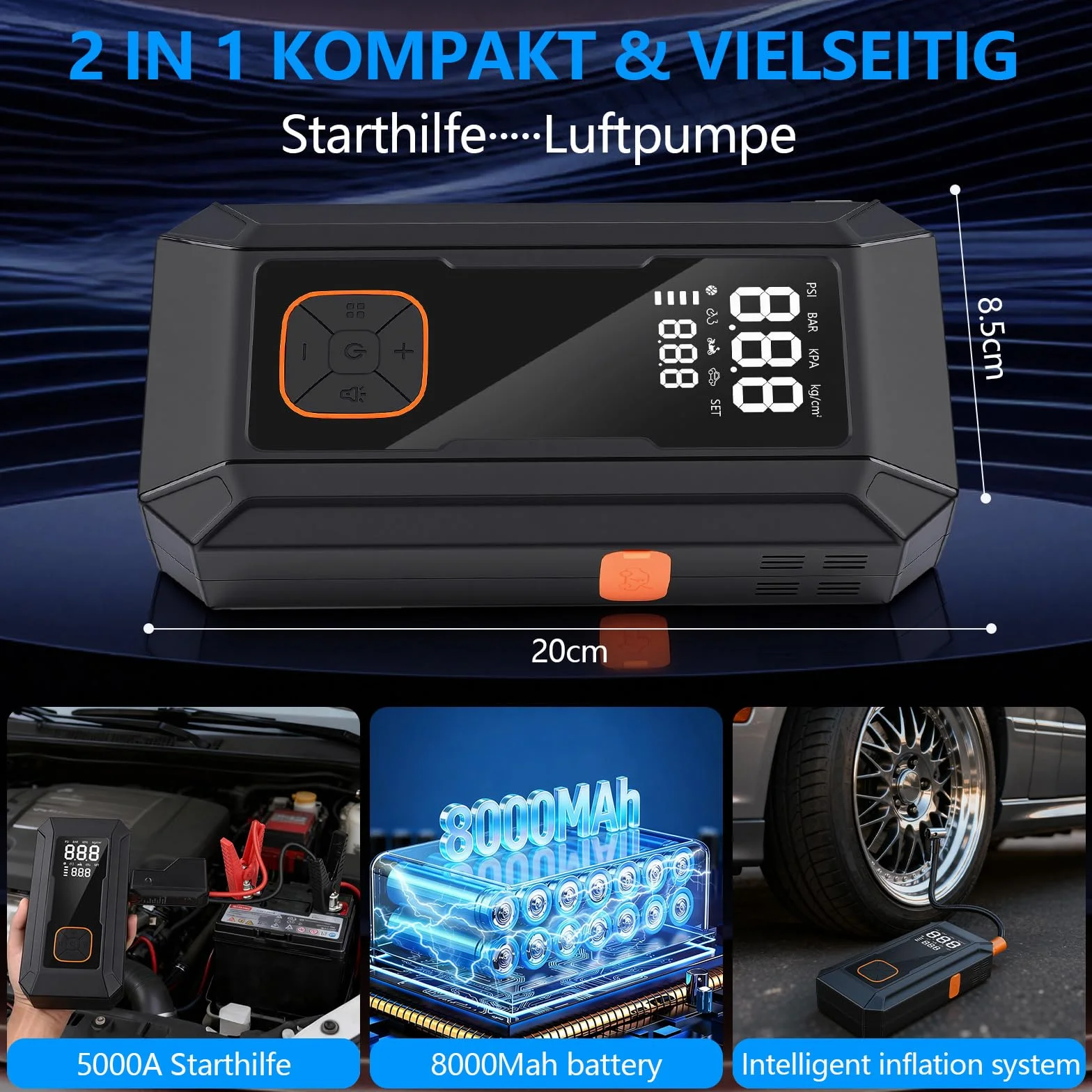 Booster akumulator ze sprężarką, rozrusznik do akumulatora samochodowego, pompka opon 150 PSI, 8000 mAH do opon samochodowych, dowolny gaz lub olej napędowy 8,0 l, ekran LCD, oświetlenie awaryjne