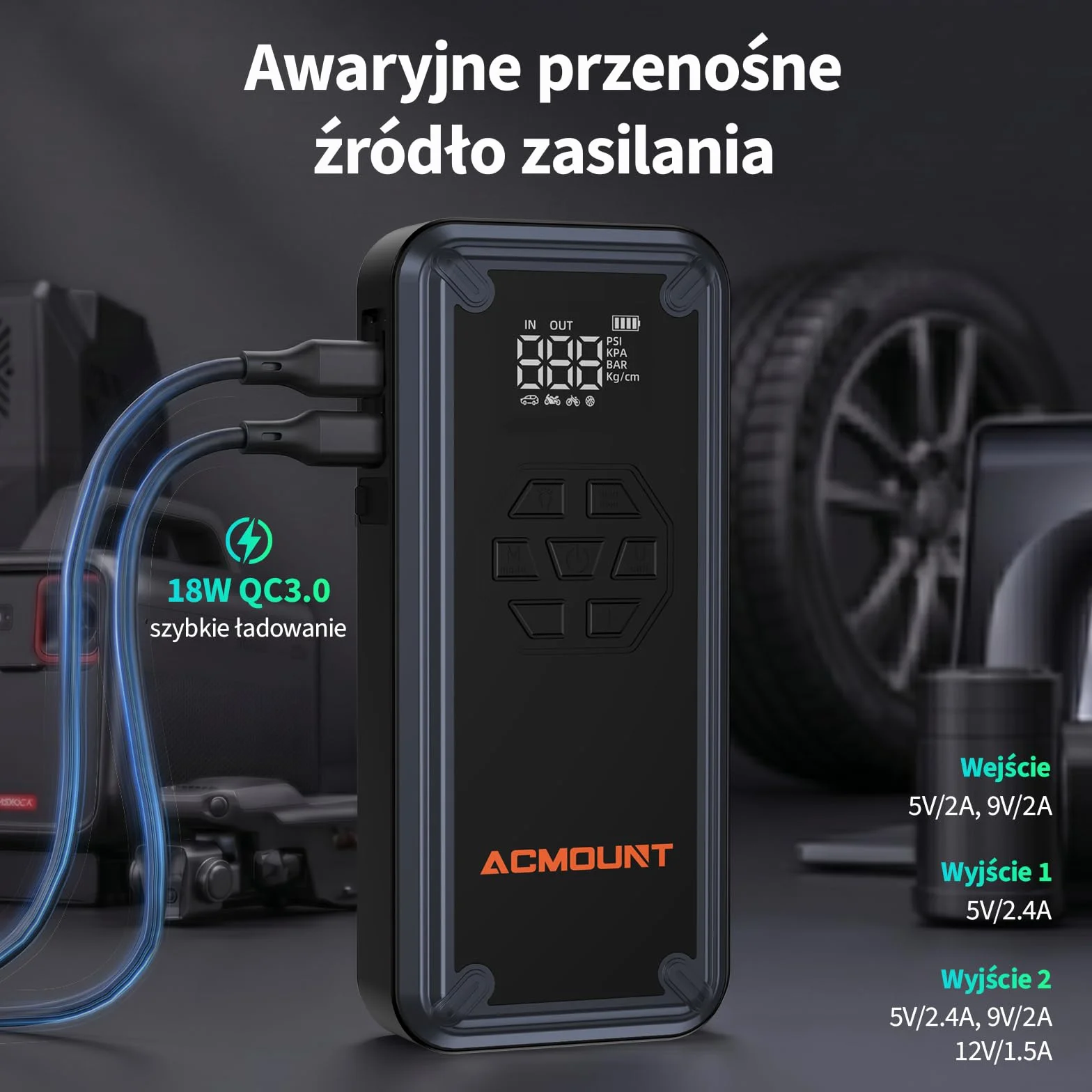 Acmount Powerbank Rozruchowy, 7000A Powerbank Rozruchowy z Kompresorem 150PSI, Rozruchowy Powerbank do Samochodów Osobowych (Do 9L Benzyny i 8L Diesla) z Ekranem LCD i Latarką LED 600 Lumenów