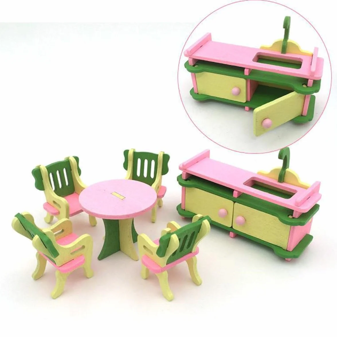 6 sztuk zestaw mebli do domku dla lalek, drewniane, miniaturowe meble, zlewozmywak kuchenny, stół do jadalni, 4 krzesła, akcesoria do domku dla lalek, dekoracja 1:12, domek dla lalek, jadalnia,