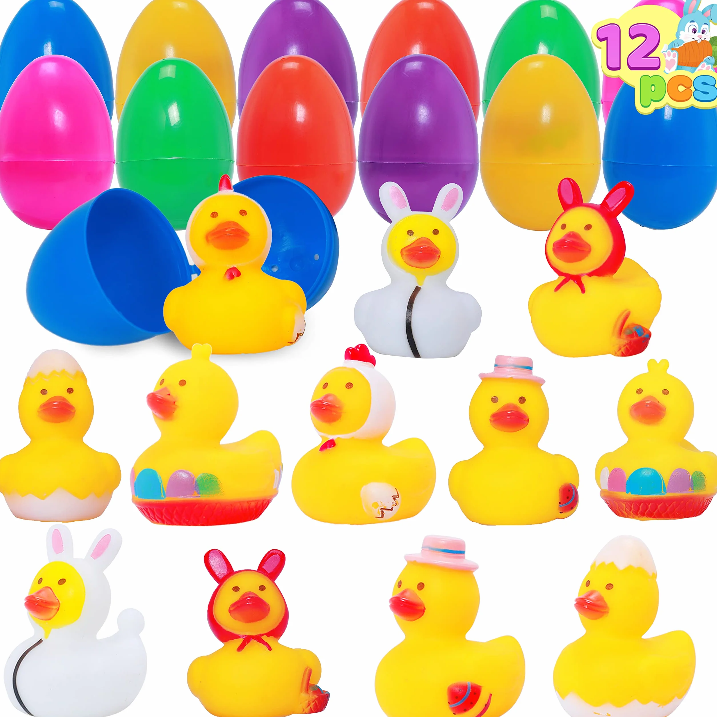 JOYIN 12 opakowań jajek wielkanocnych wypełnionych gumowymi kaczkami, polowanie na jajka wielkanocne, wypełnianie koszy dla dzieci, upominki wielkanocne, materiały do nagród klasowych, plaża letnia