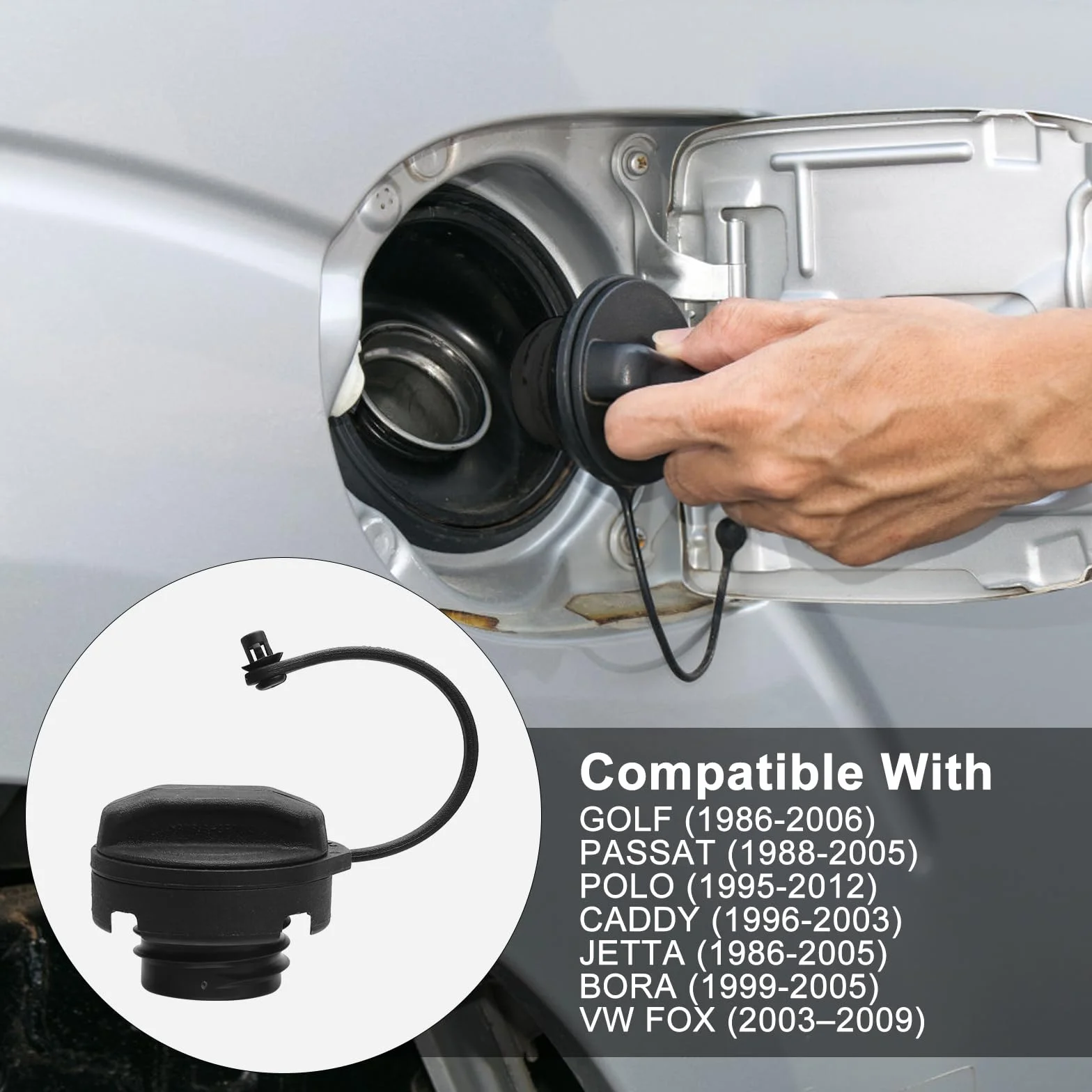 Korek wlewu paliwa, kompatybilny z VW Pol Golf 2, 3, 4, Jetta, Passat B3, B4, B5, Audi A1, A2, A3, A4, A6, A8, uniwersalna pokrywa wlewu paliwa z taśmą mocującą, pokrywa zbiornika paliwa zamiennik