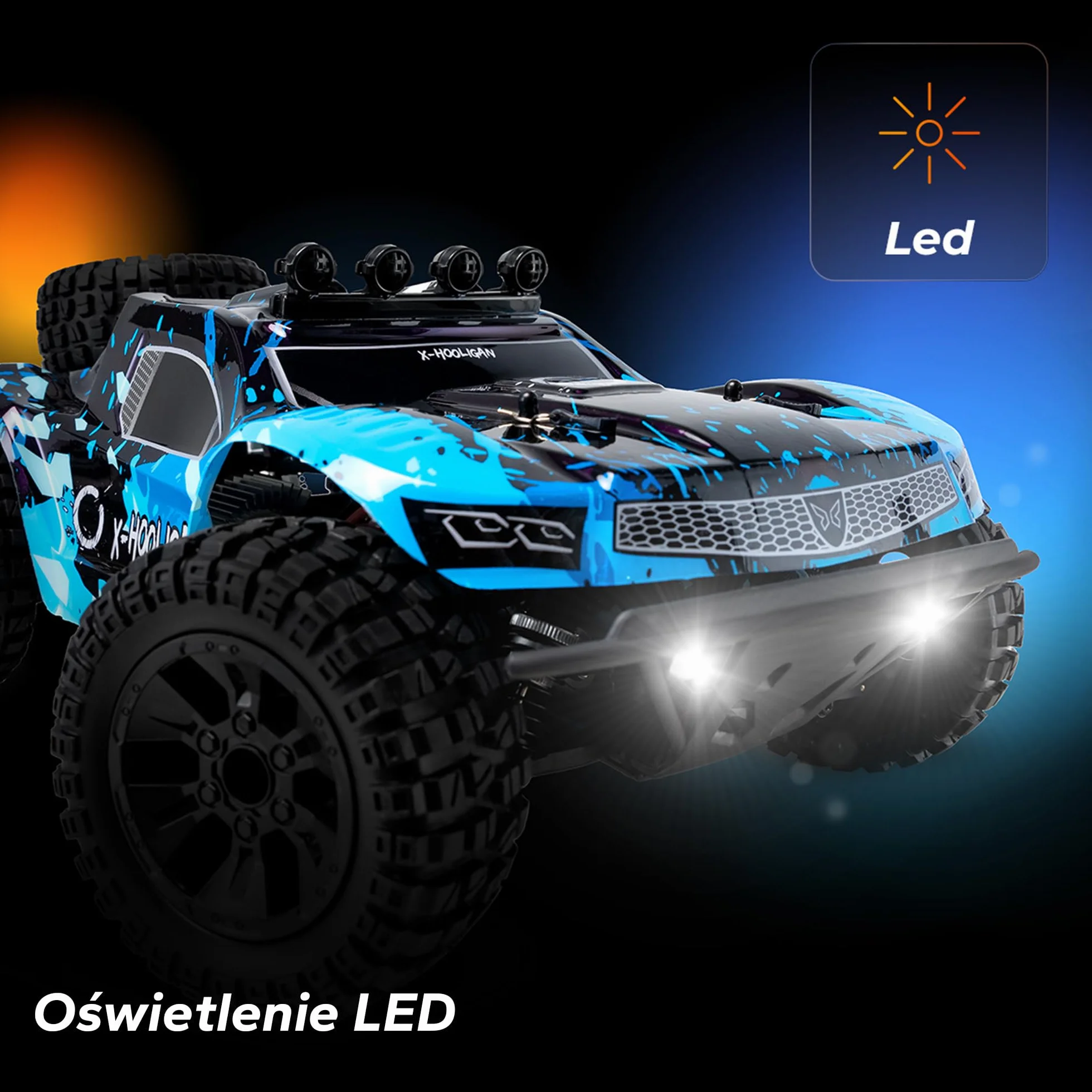 Overmax X-Hooligan duży, szybki, zdalnie sterowany samochód, skala 1:10, prędkość 35 km/h, zasięg 100 m, napęd 4 x 40 minut, oświetlenie LED