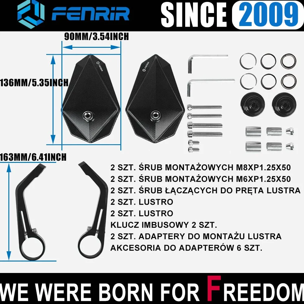 FENRIR E24 lusterko kierownicy motocykla wsteczne czarne aluminium CNC