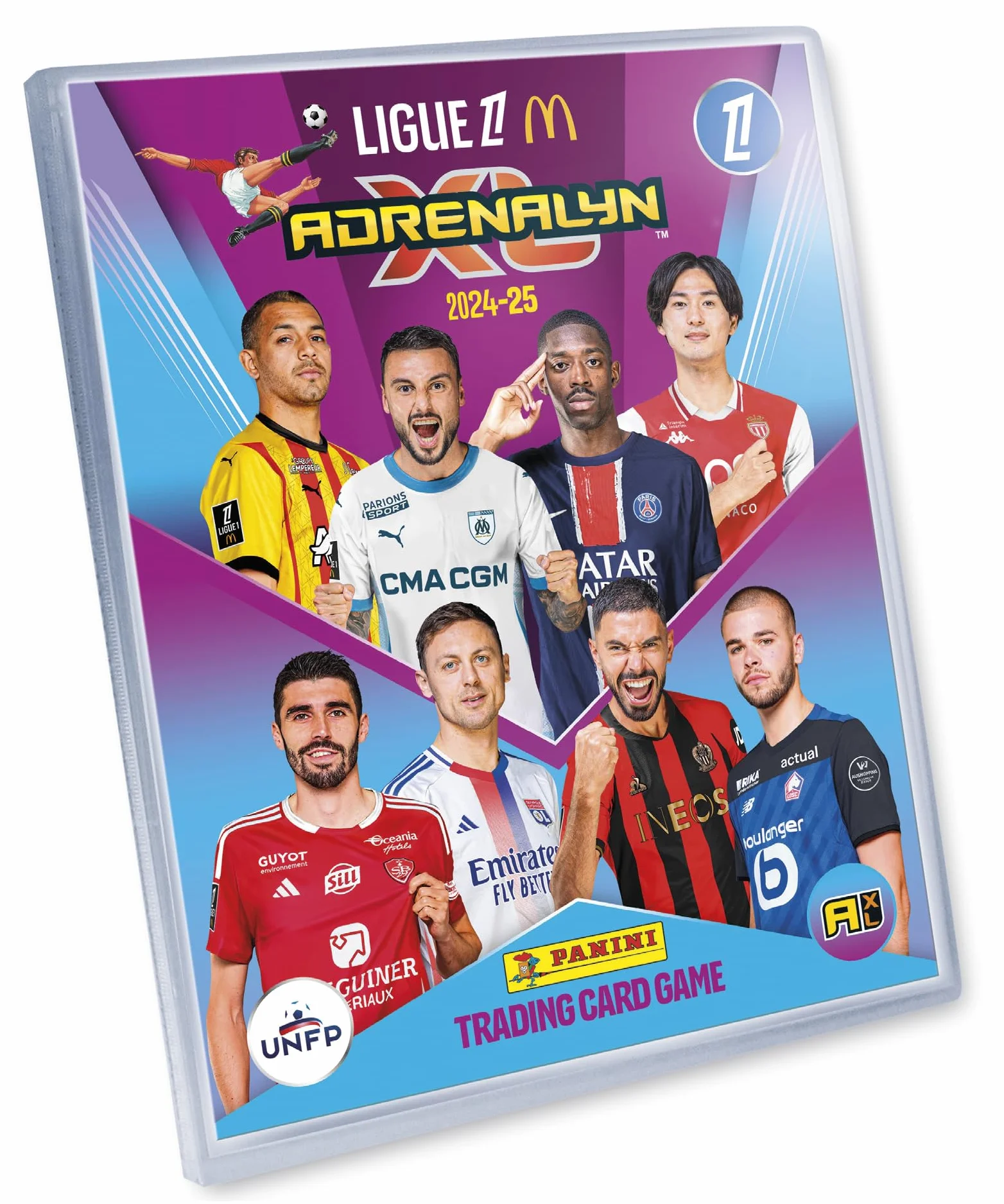 Panini ADRENALYN Ligue 1 McDonald's 2024-2025 Trading Cards Game Starter Pack (1 segregator + 4 kieszenie + 3 karty z limitowanej edycji + lista kontrolna + gameboard + oficjalny przewodnik),