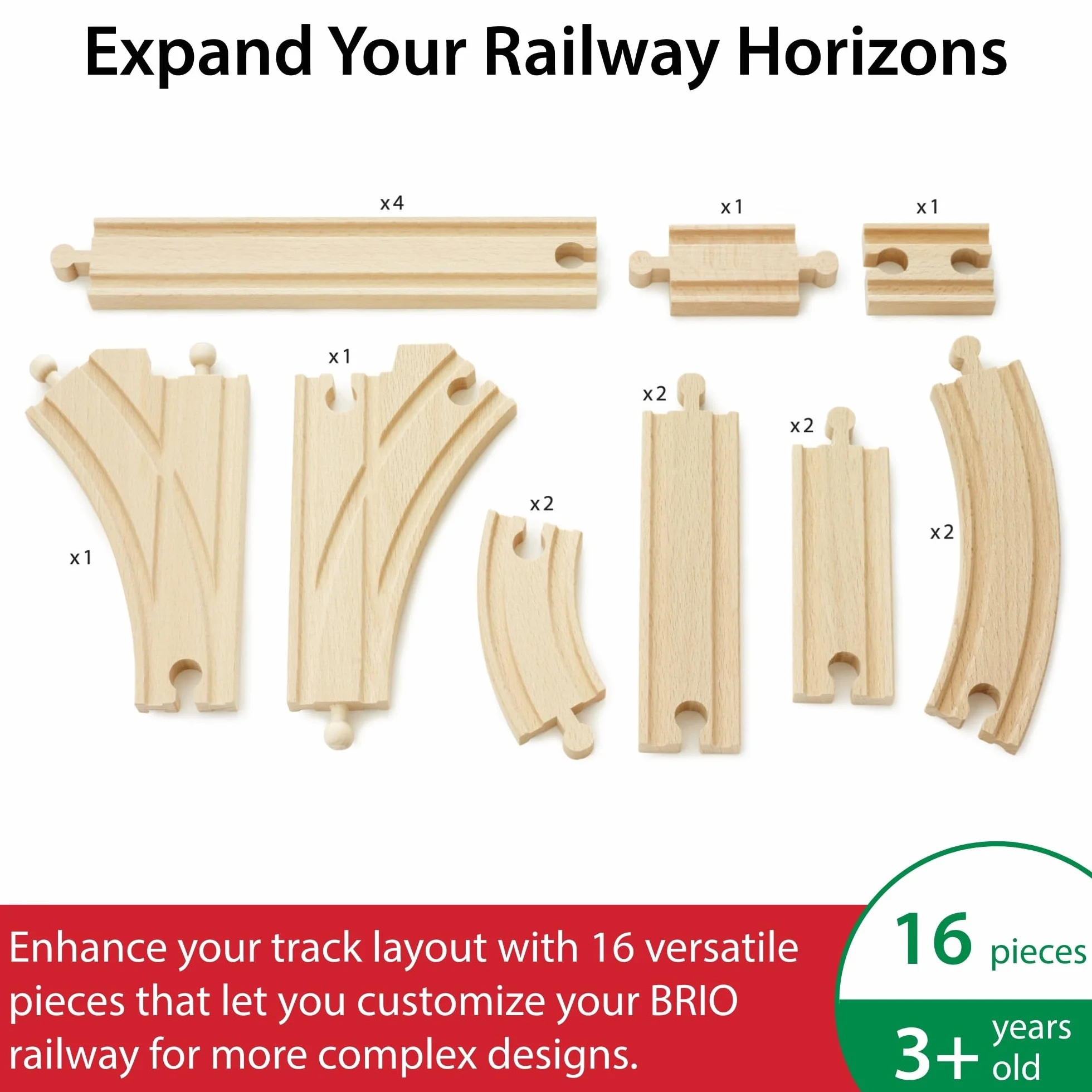 BRIO World - 33402 - Zestaw pośrednich Evolution 16 szyn - Akcesoria do drewnianych torów kolejowych - Zestaw szyn - Zabawka mieszana od 3 lat