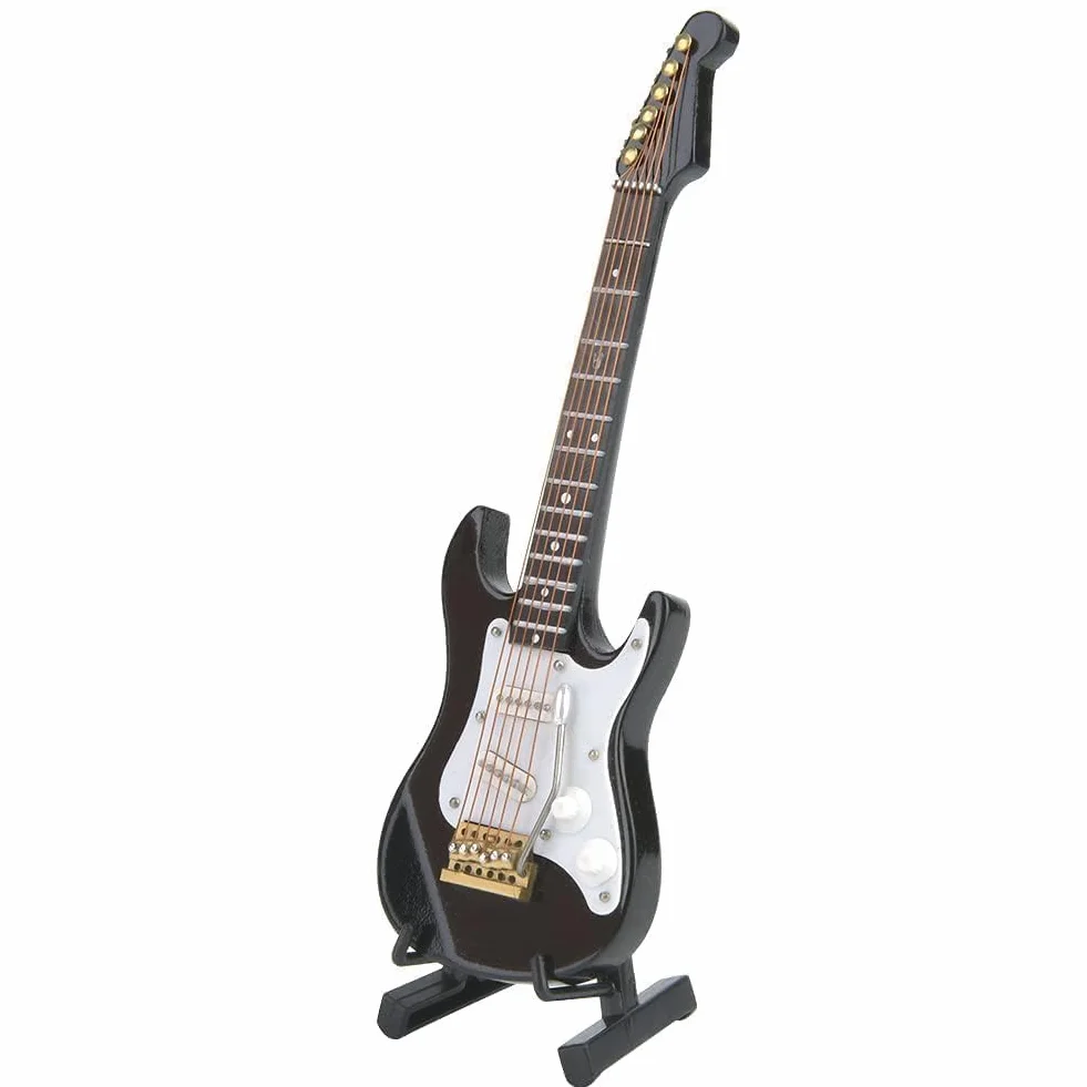 5,5 W gitara elektryczna miniatura drewno mini gitara model wyświetlacz instrument muzyczny miniatura domku dla lalek model dekoracja (czarna)