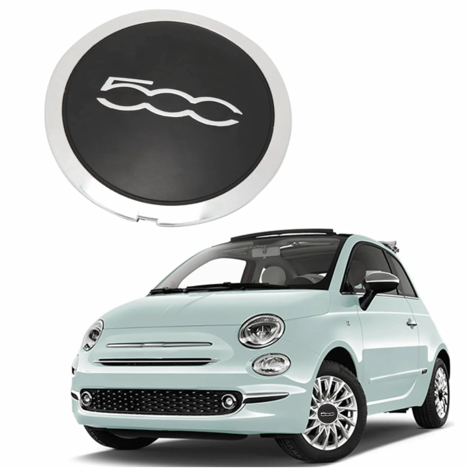 Środkowa pokrywa piasty koła, odporna na wysokie temperatury, z chromowaną obudową, 68078419AC, zamiennik do FIAT 500 (chrom 500, szara obwód)