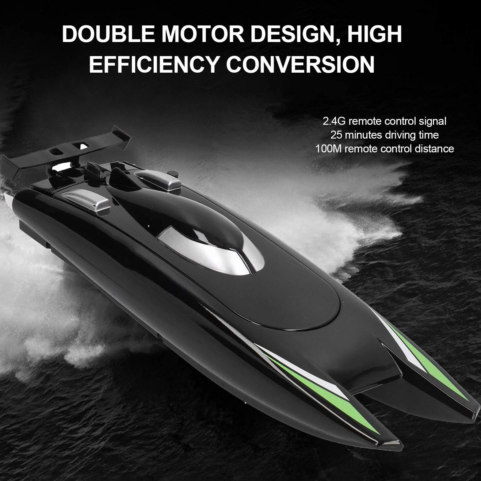 Zabawka ochronna 2,4 G RC Boat, 30 ładowalna łódź wyścigowa o dużej prędkości? Podwójny silnik pilot zdalnego sterowania zabawki motorowe dla dorosłych i dzieci (czarny)