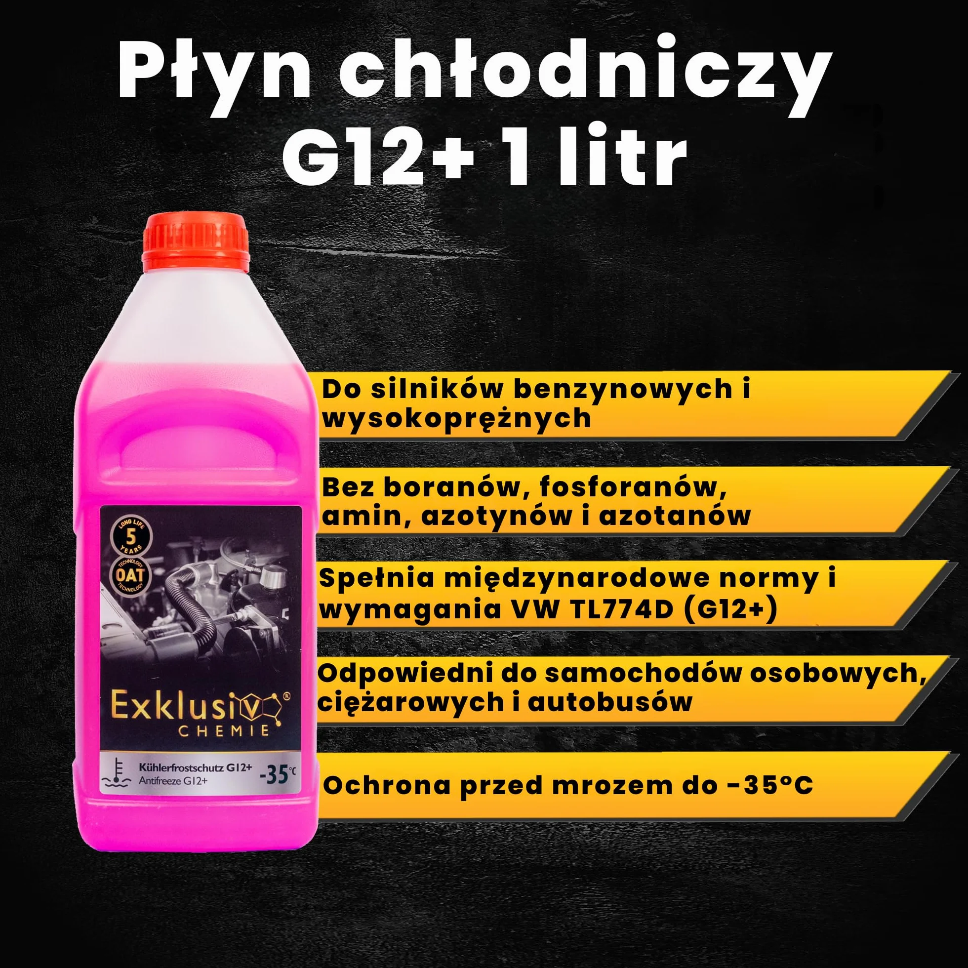 Exklusiv Chemie® G12+ płyn zapobiegający zamarzaniu chłodnicy | G12+ Płyn do chłodnic samochodowych | Gotowy do użycia | 1000ml