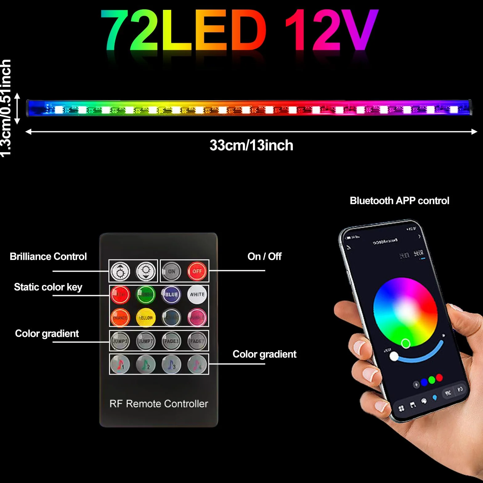 Oświetlenie wewnętrzne LED do samochodu 4 sztuki 72 paski RGB 12 V taśma LED ze sterowaniem aplikacją