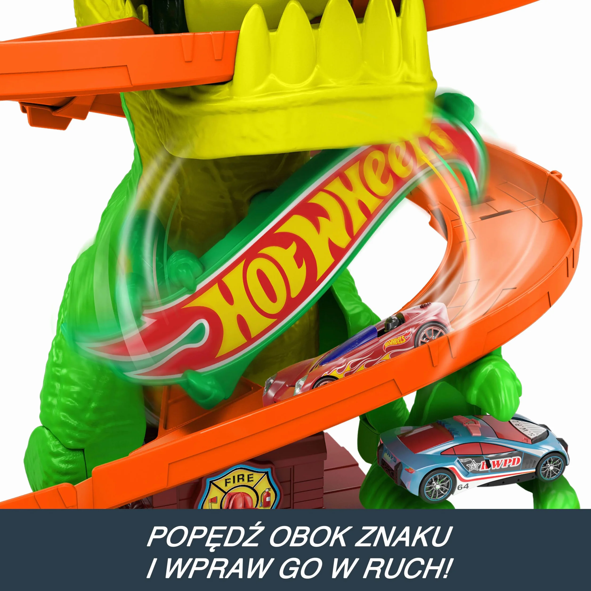 Hot Wheels City Zakręcony tor Remiza T-rexa Zestaw do zabawy (ok. 36 cm), tor samochodowy, dinozaur o ruchomych oczach, metalowe autko w skali 1:64, kilka możliwości zabawy, zabawka dla dzieci, JBM73