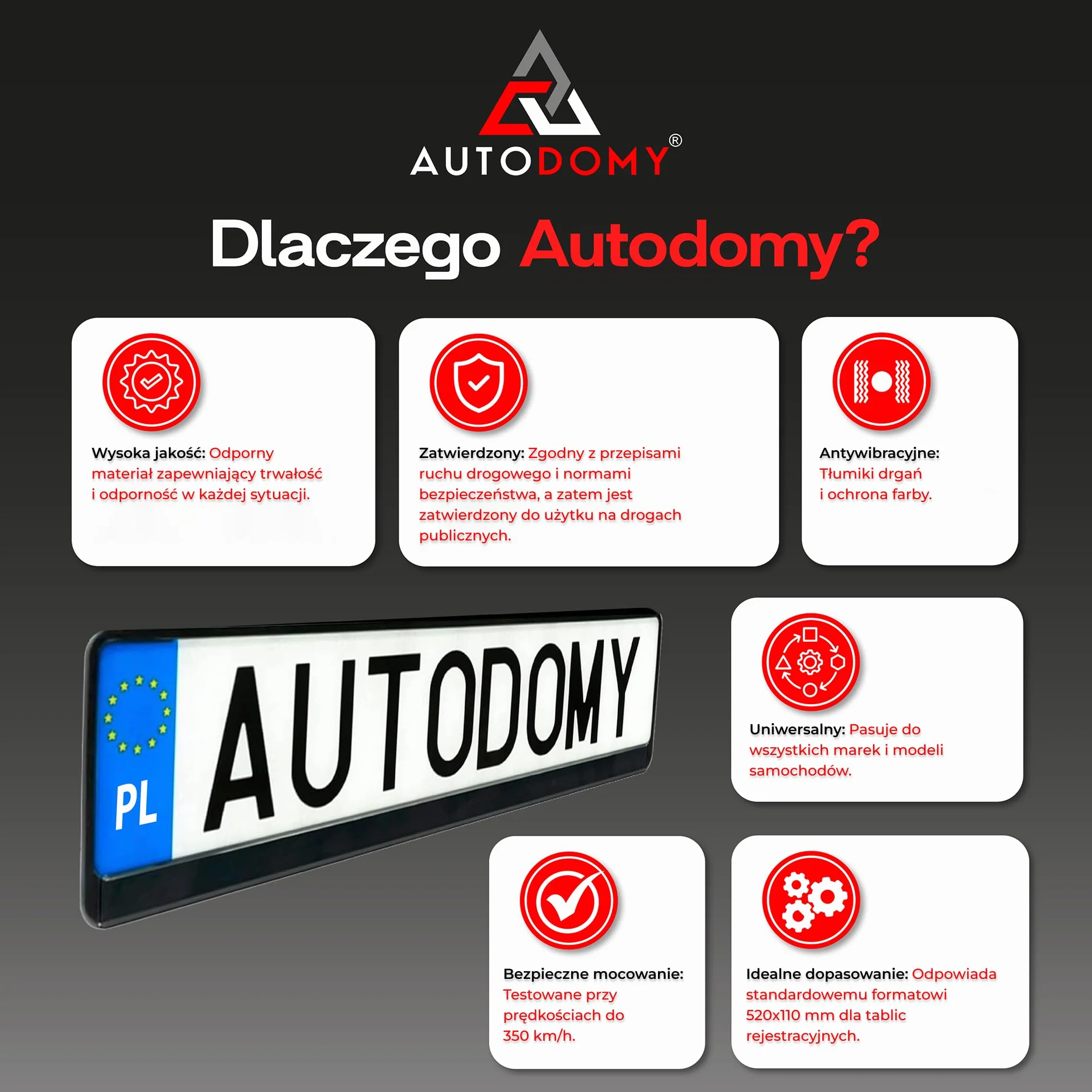 Autodomy Zestaw 2 Ramki na Tablicę Rejestracyjną 520x110 mm Homologowany Uchwyt