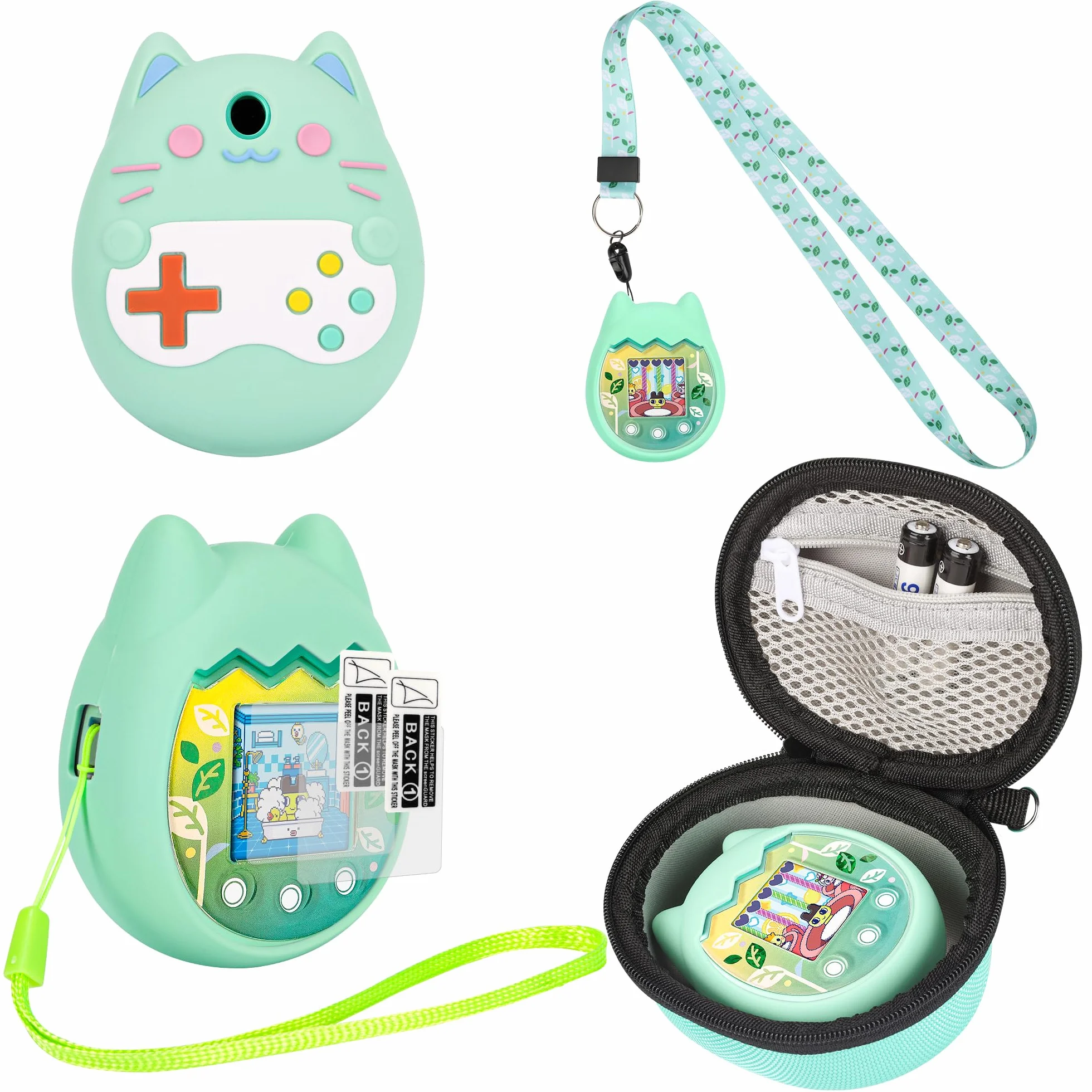 Silikonowe etui i twarda obudowa, kompatybilne z Tamagotchi Pix, etui ochronne do Tamagotchi Pix z paskiem na rękę, ochroną ekranu i smyczą (kolor zielony)