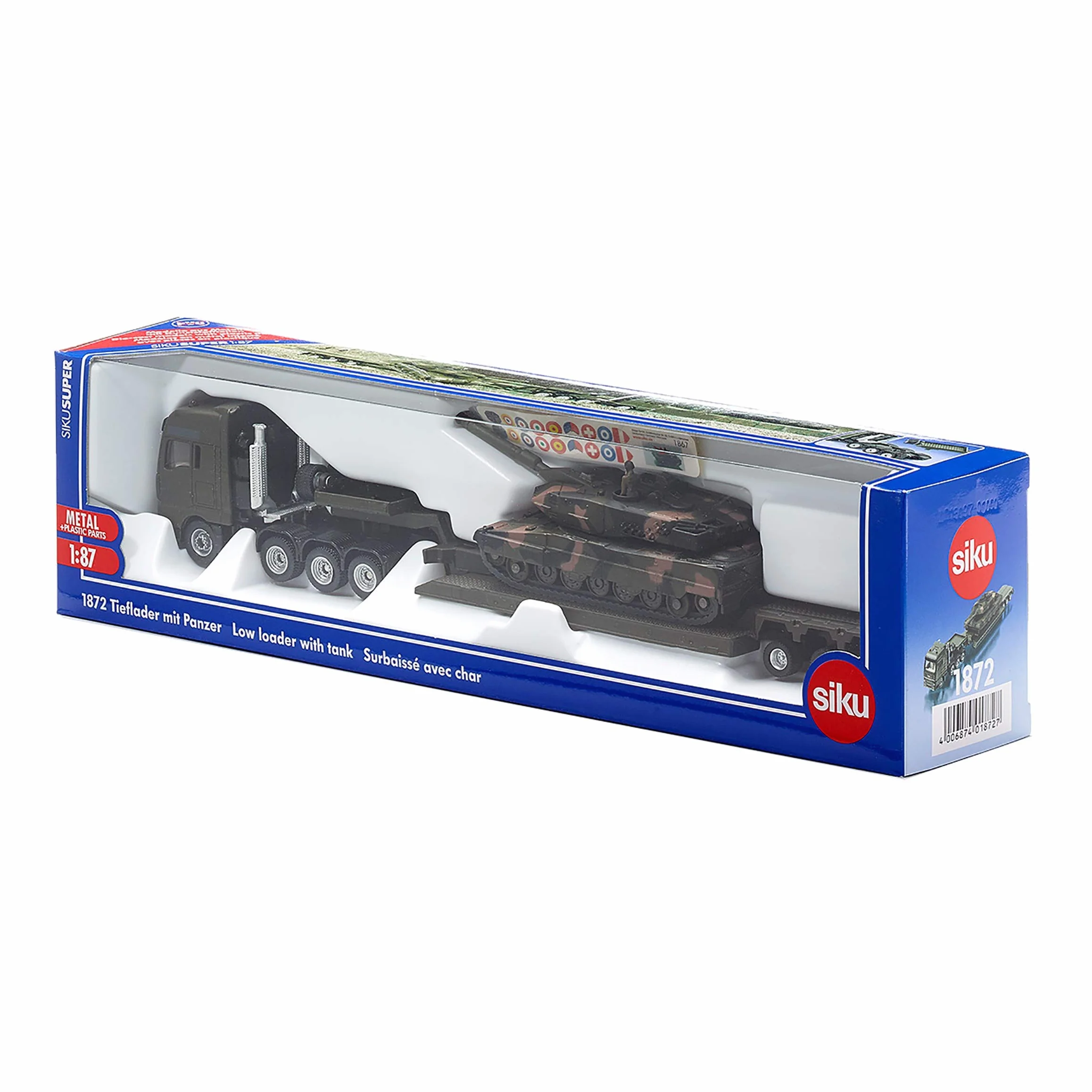 Siku 1872, Ciężarówka z czołgiem, Metal,Tworzywo sztuczne, 1:87, Odczepiana przyczepa, Zestaw naklejek, Zielony
