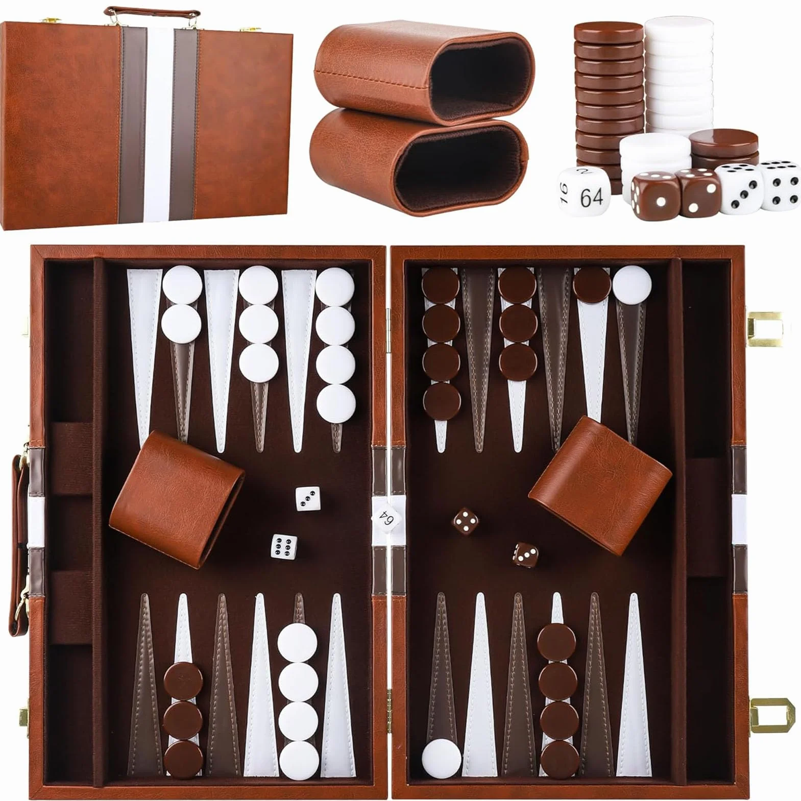 Backgammon drewniana walizka, dla 2 graczy, klasyczny zestaw podróżny do gry w backgammon z wysokiej jakości skórzanym pokrowcem, z kubkiem na kostkę, dla fanów kamperów i podróży