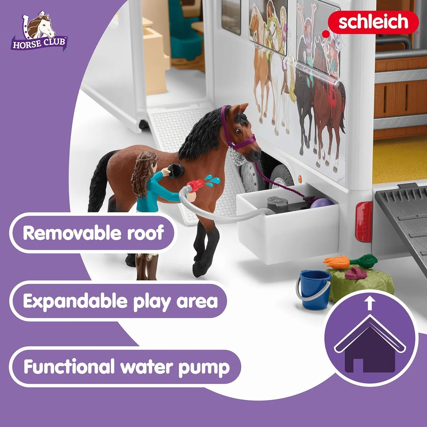 schleich HORSE CLUB | Transporter dla koni 42619 | z boksem, 3 końmi, Lisą, jej rodzicami i akcesoriami | idealny prezent dla dziewczynek i chłopców | zabawka z końmi od 5 lat | zestaw 227 elementów