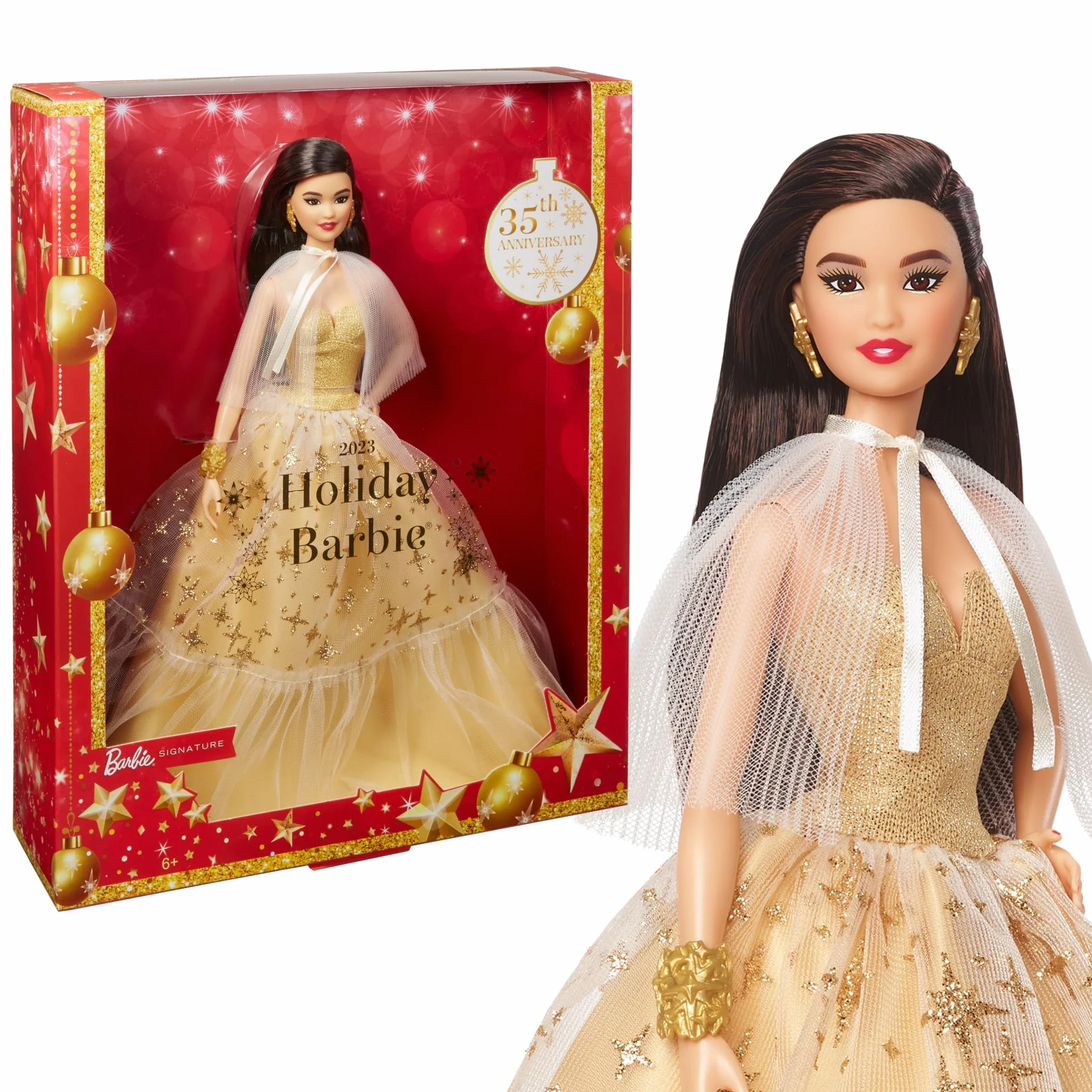 Barbie Lalka świąteczna Barbie Signature z czarnymi włosami w złocistej sukni i ozdobnym pudełku, prezent sezonowy dla kolekcjonerów HJX07