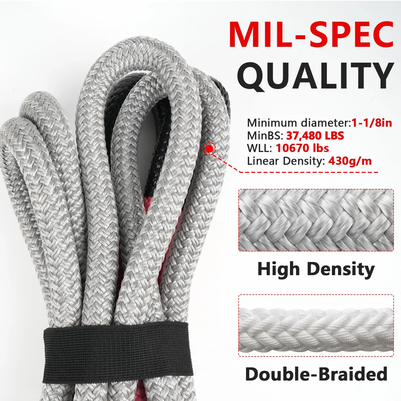 1-1/8" x 30' Kinetic Recovery Tow Rope 37,480lbs with 2 UHMWPE Soft Shackles 40,980lbs Heavy-Duty Offroad Snatch Strap Vehicle Recovery Kit