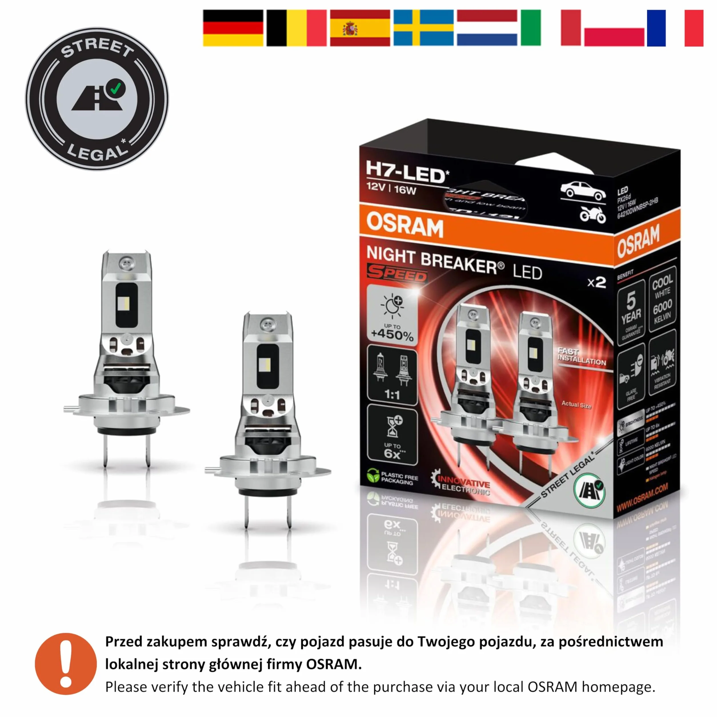 OSRAM NIGHT BREAKER LED SPEED H7 450, światła drogowe i mijania LED z homologacją drogową, do 450% większa jasność, 6000 K, szybki montaż, bez akcesoriów mechanicznych, zintegrowany LEDEC02