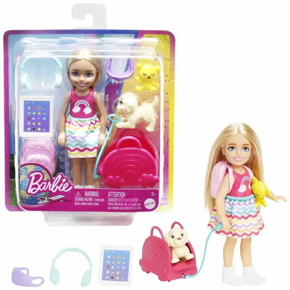 Barbie Chelsea Small Doll & 6 Accessories, Travel Set with Puppy, Pet Carrier & Backpack that Opens & Closes, Blonde Hair, HJY17