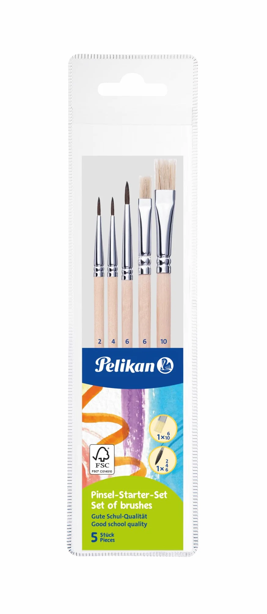 Pelikan® Komplet pędzelków | Drewniany uchwyt | Włosie naturalne | Idealne dla profesjonalistów i amatorów | 5 sztuk | Rozmiar 2, 4, 6 z serii 24 | Rozmiar 6 i 10 z serii 613F