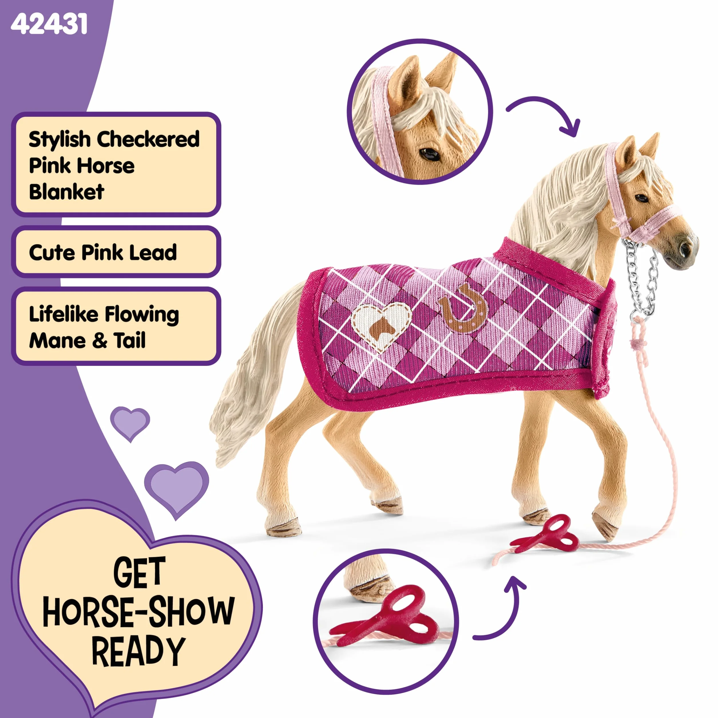 schleich HORSE CLUB | Modne akcesoria dla koni Sofii 42431 | zestaw z koniem, derką, uwiązem i nożyczkami | kreatywny prezent dla dziewczynek i chłopców | zabawka od 5 lat | 4 elementy