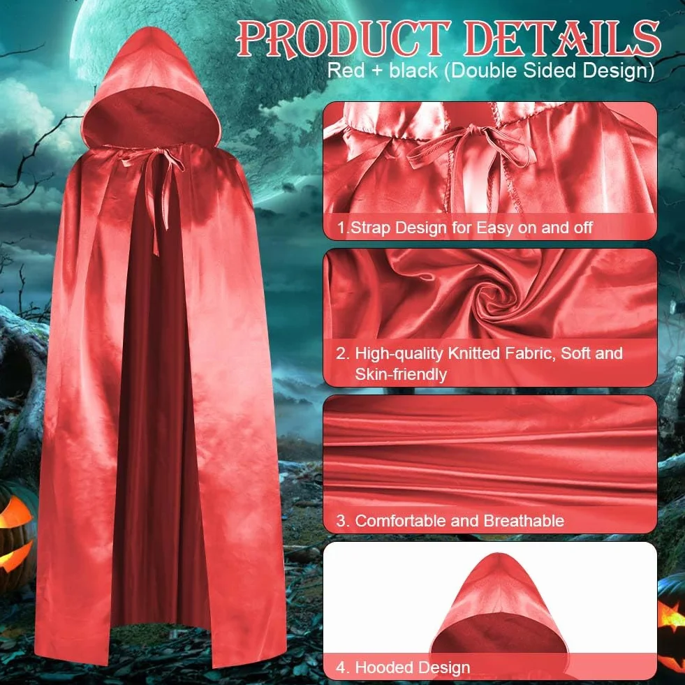 Aomig Czarna peleryna z kapturem na Halloween dla dorosłych, długa peleryna z kapturem, czarownica, akcesoria do cosplay, tajemniczy czarodziej, bajkowy, fantazyjny kostium, Halloween, maskarada