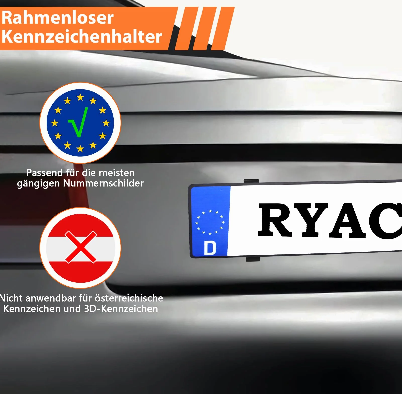 RYACO Uchwyt tablicy rejestracyjnej, bez ramy, uniwersalny uchwyt tablicy rejestracyjnej do samochodu, z klejem, niewidoczny i odporny na warunki atmosferyczne, bezramkowy klips, 4 sztuki, na 2