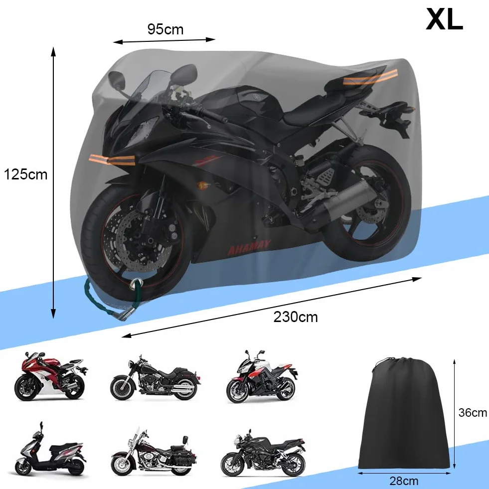 URAQT Pokrowiec na motocykl, wodoodporny pokrowiec na motocykl, wytrzymałe pokrowce na motocykl 210T, z 2 paskami odblaskowymi, wodoodporny, odporny na wiatr, pyłoszczelny, anty-UV, 230x95x125cm (XL)