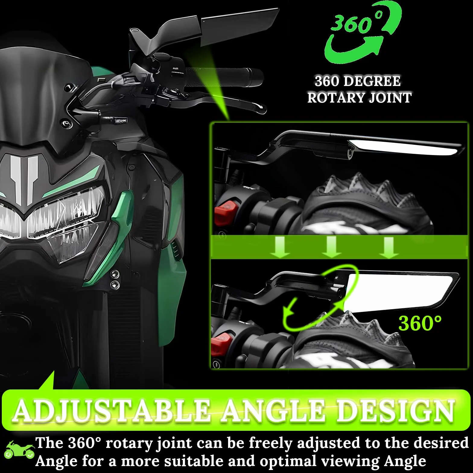 Lusterka wsteczne do motocykla, regulowane, obrotowe o 360°, lusterka boczne Stealth Wind Wing do Kawasaki Z400, Z650, Z1000, Duke 125, 200, 250, 390, 690, 790, 1290 itp. (8 mm, 10 mm)