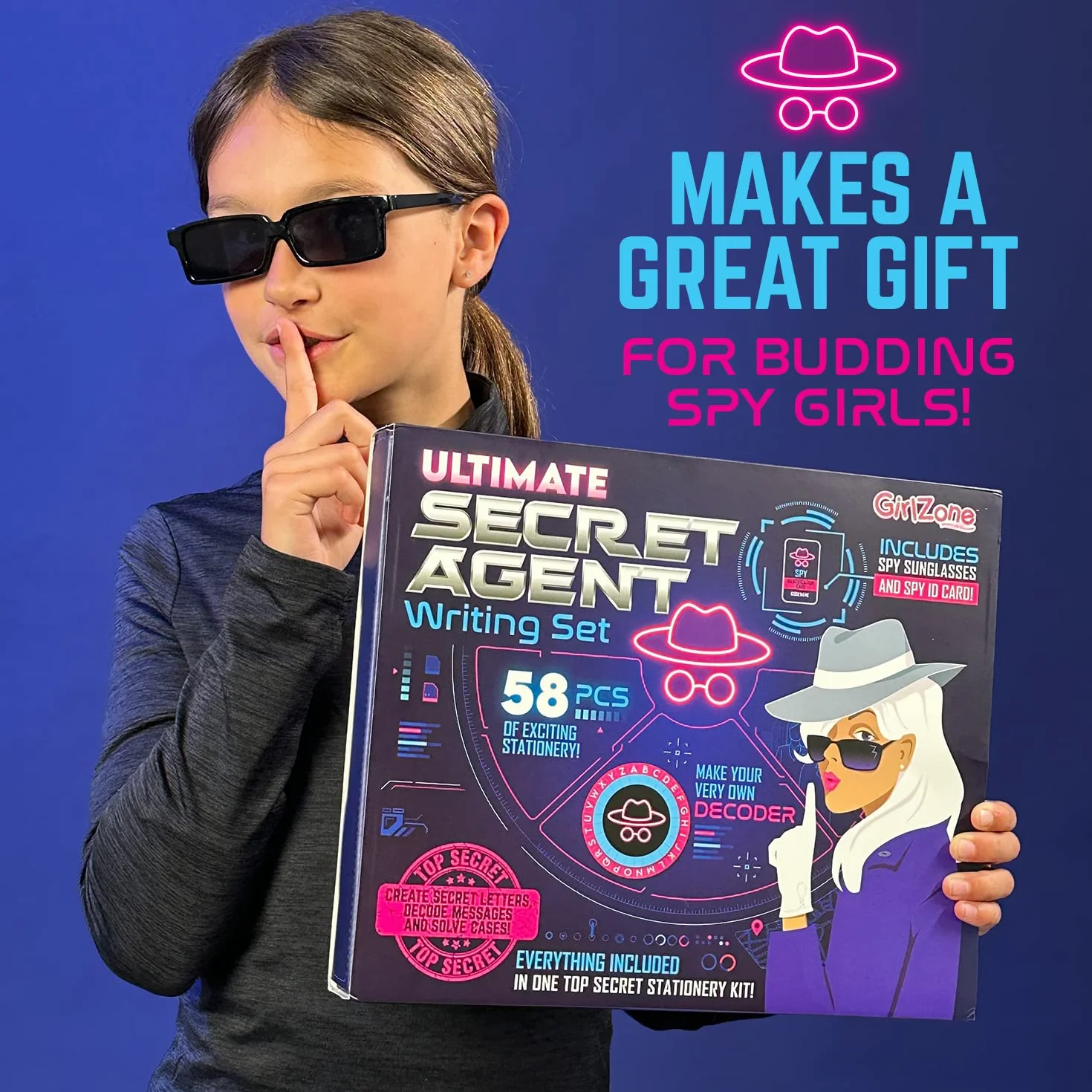 GirlZone Ultimate Secret Agent, zestaw do pisania, ekscytujący zestaw szpiegowski i zabawny zestaw artykułów piśmienniczych z zabawką, papierem papierniczym i kopertami dla dzieci szpiegowskich