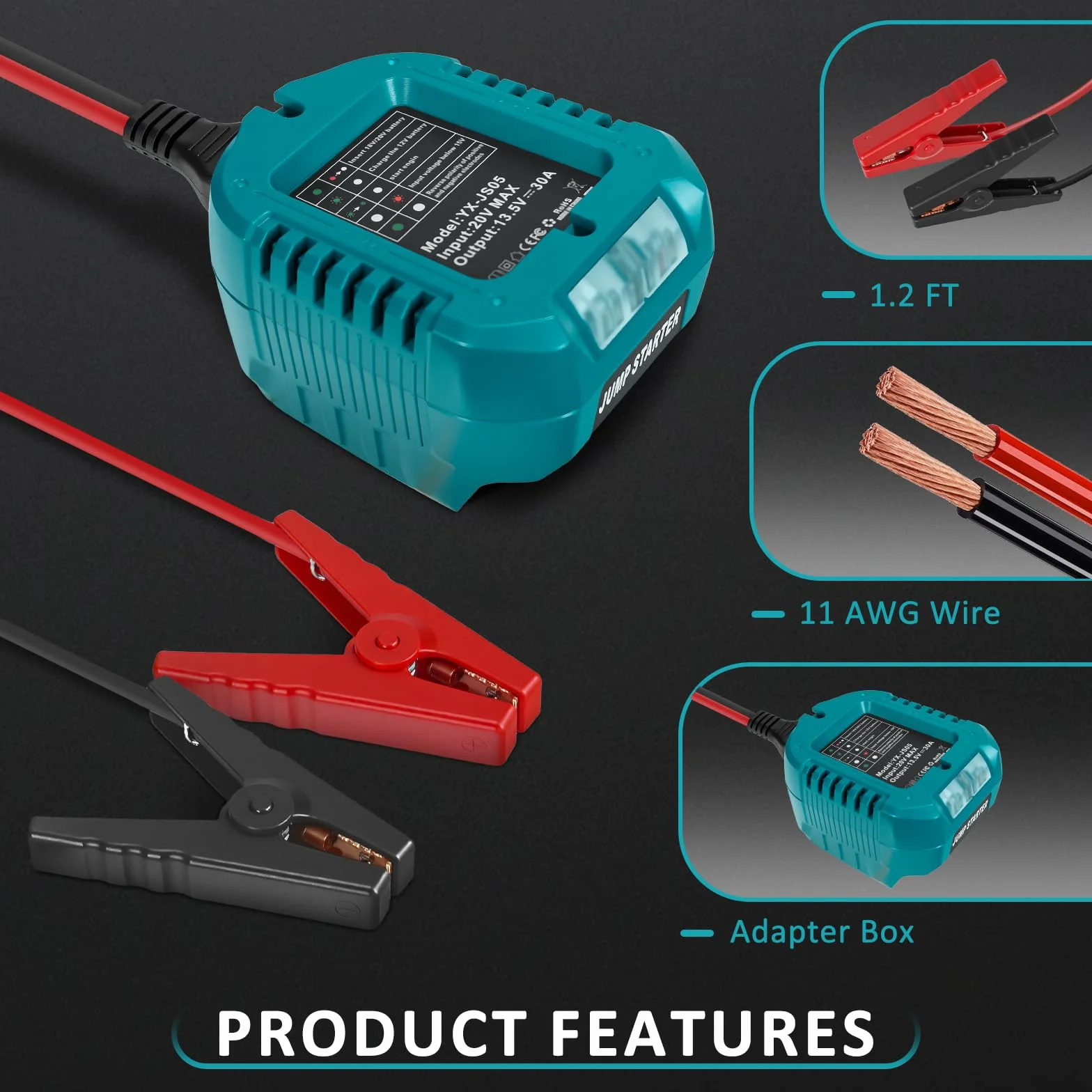 Urządzenie wspomagające rozruch Powerbank Adapter do akumulatora Makita 18 V, 13,5 V starter samochodowy z funkcją zwiększania mocy akumulatora z diodami LED, kabel 11 AWG Adapter do zwiększania mocy