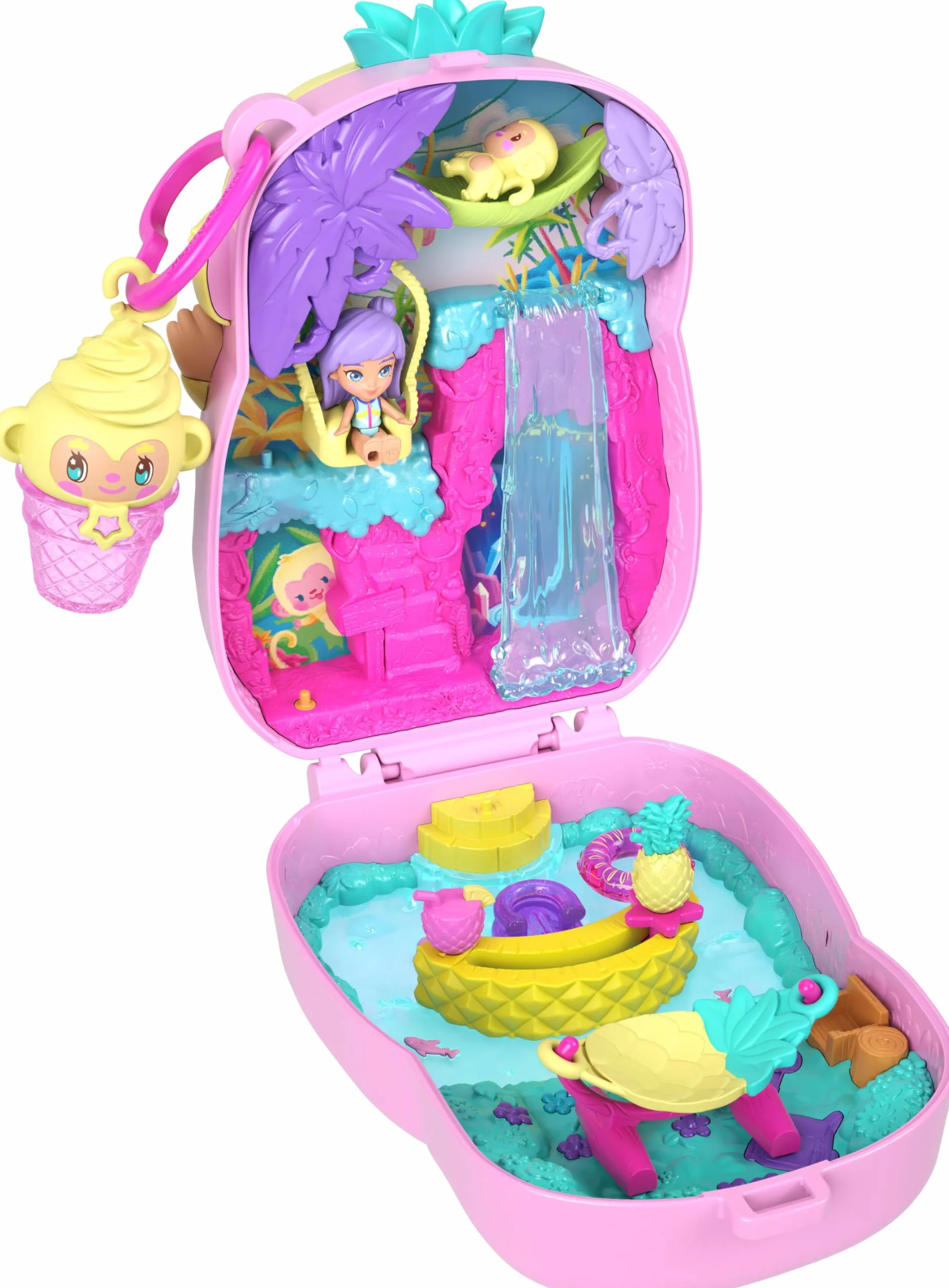 Polly Pocket Ananasowa małpka Zestaw kompaktowy, 1 mikrolalka, figurka zwierzątka, hamak i inne akcesoria, owocowy motyw, zabawka dla dzieci 4+, JKC49