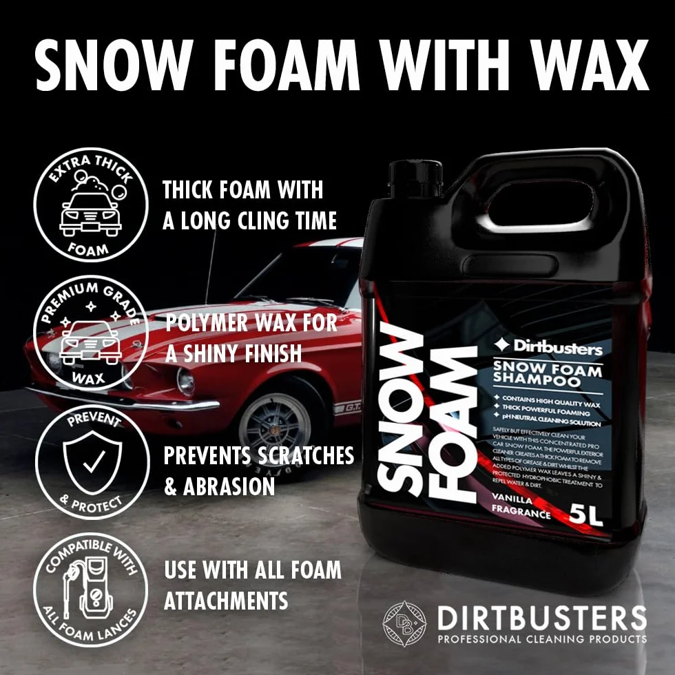 Dirtbusters Snow Foam Szampon samochodowy i wosk, mocna gruba pianka, środek do czyszczenia samochodu, nieżrący i bezpieczny, nadaje się do czyszczenia wszystkich zewnętrznych pojazdów, wanilia (5 l)