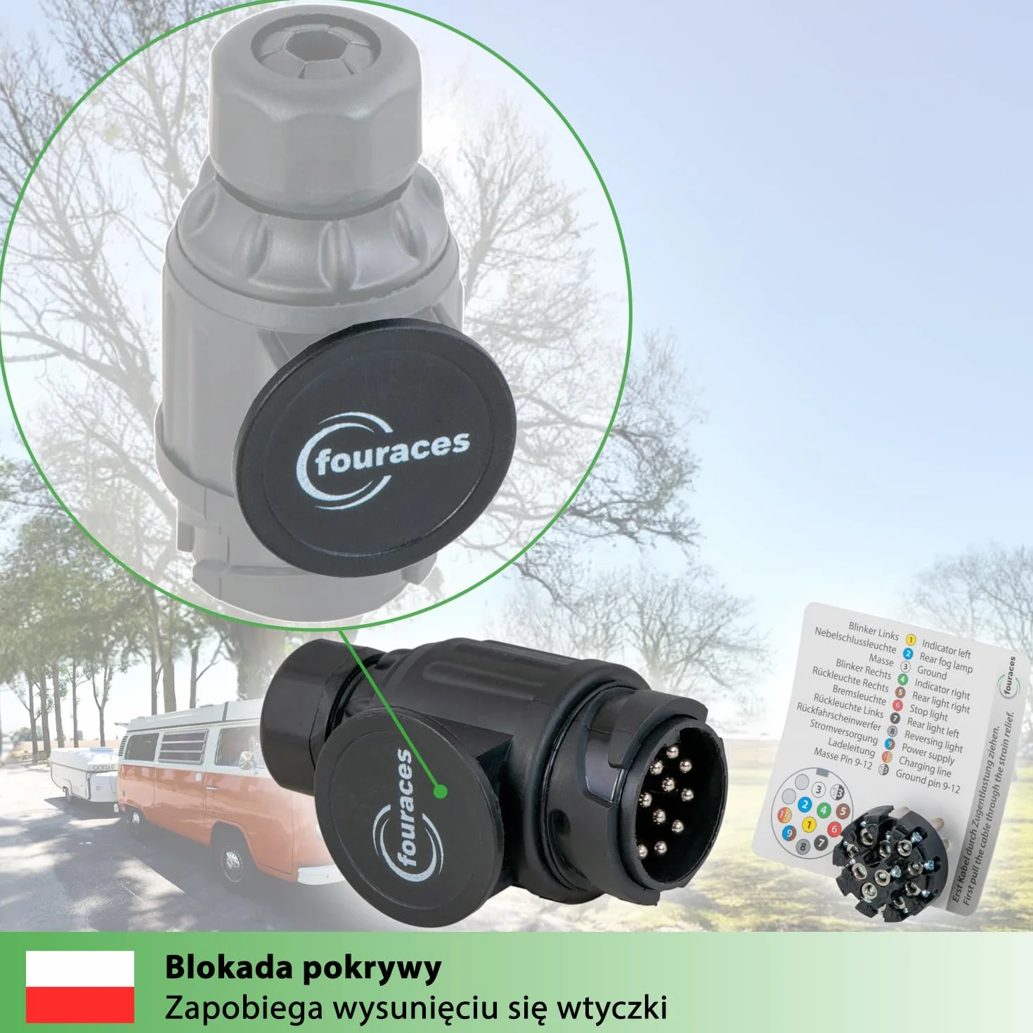 fouraces wtyczka 13-pinowa, czarna - wraz z szablonem okablowania - 13 pin przyczepy