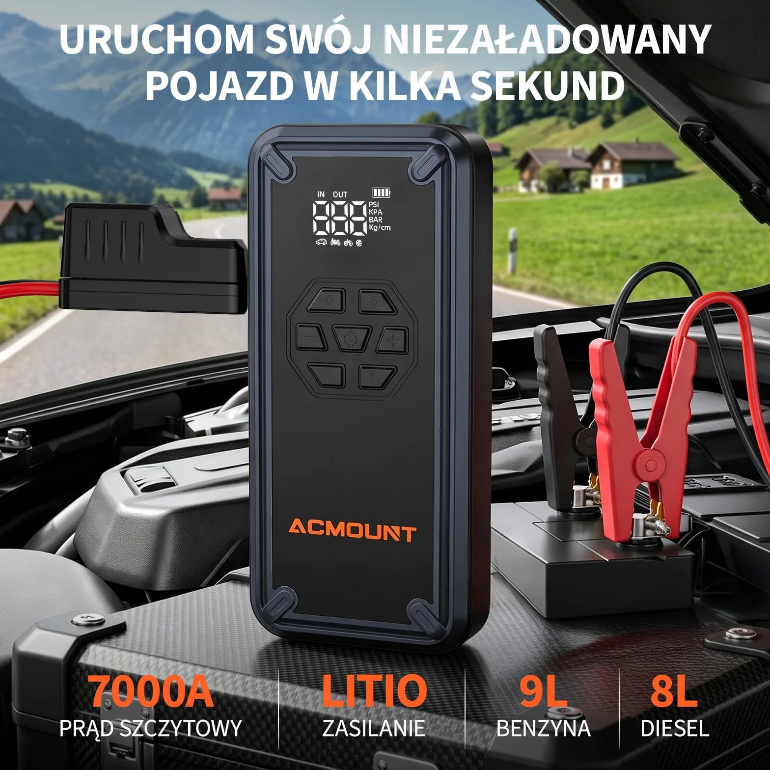 Acmount Powerbank Rozruchowy, 7000A Powerbank Rozruchowy z Kompresorem 150PSI, Rozruchowy Powerbank do Samochodów Osobowych (Do 9L Benzyny i 8L Diesla) z Ekranem LCD i Latarką LED 600 Lumenów