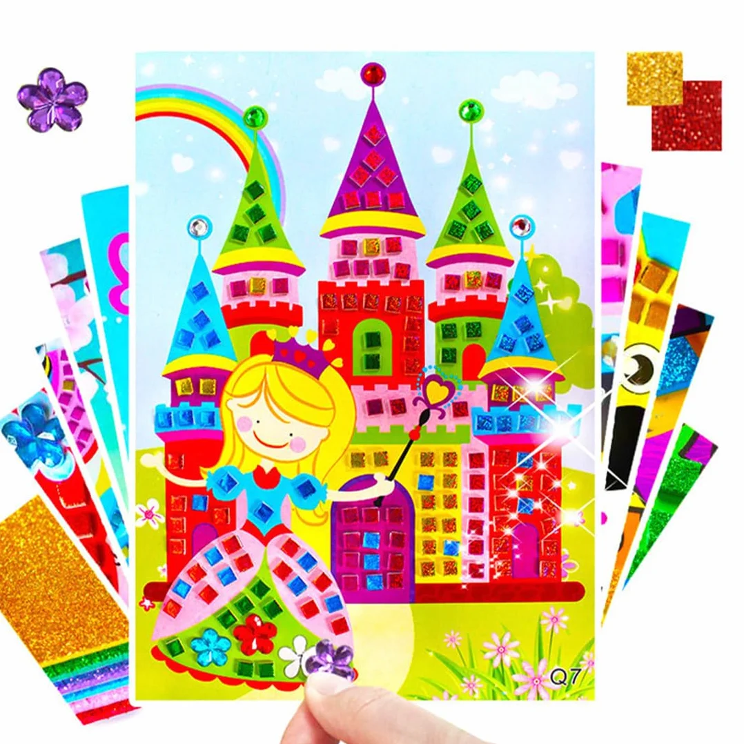 Wishstar Zestaw do majsterkowania dla dzieci, 12 sztuk samoprzylepnych mozaik, dla dzieci, brokatowe, wielokolorowe obrazy mozaiki papierowej, DIY, prezenty dla dziewcząt i chłopców od 4 lat