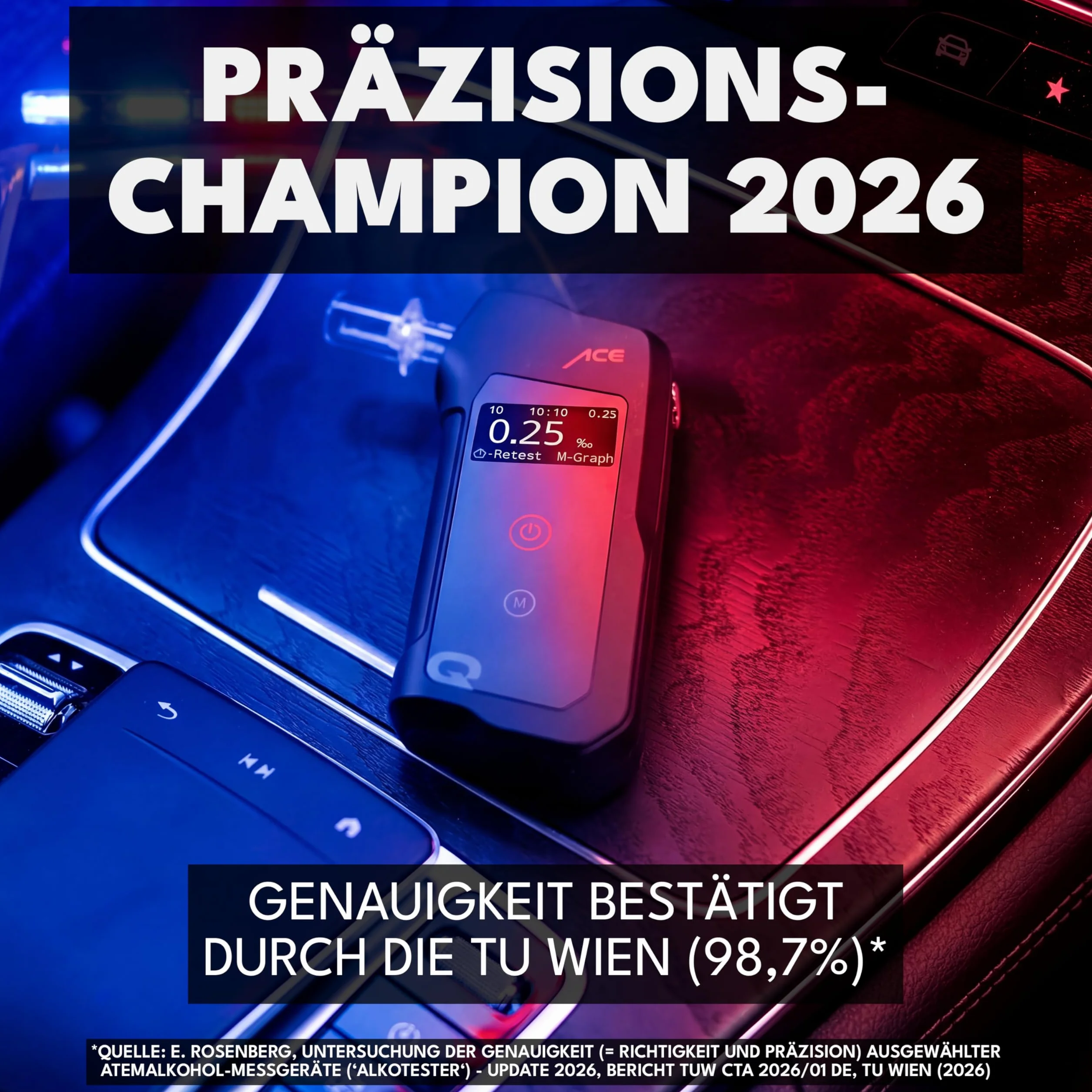 Alkomat ACE Q z dokładnością 98,7% skalibrowany zgodnie z normami policyjnymi