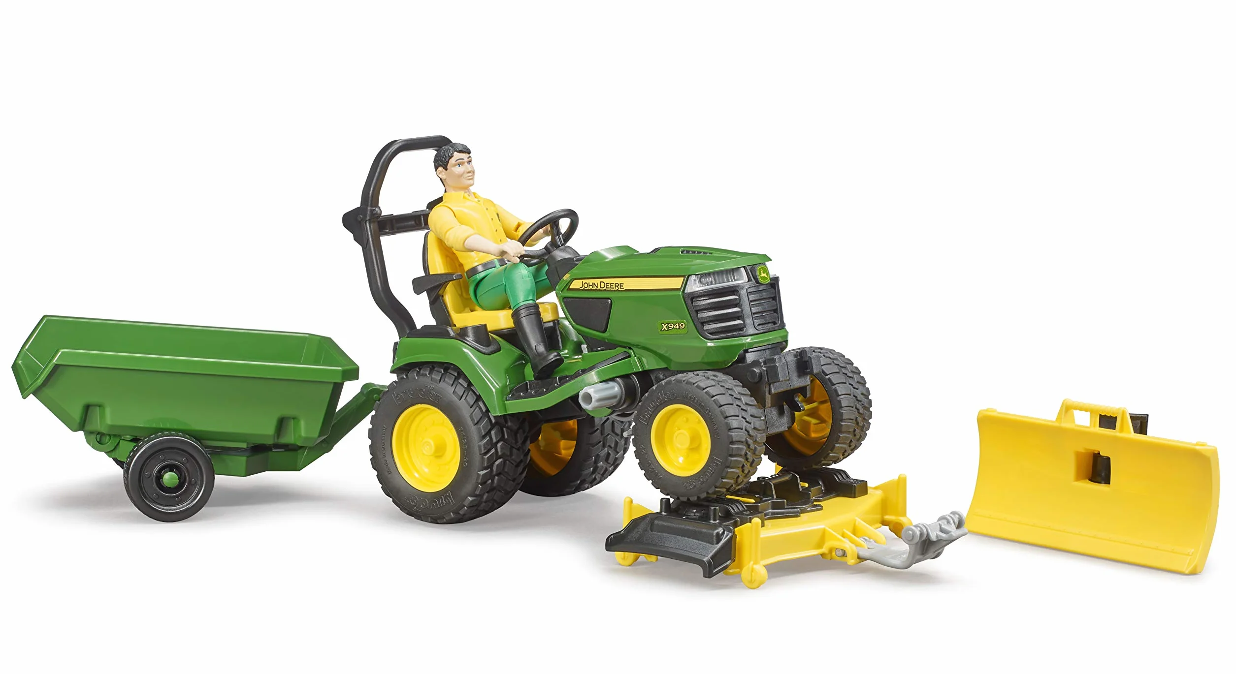 bruder 62104 - Bworld John Deere Traktor ogrodowy z przyczepą i ogrodnikiem - 1:16 Traktor, kosiarka, przyczepa, gospodarstwo, mężczyzna, zabawka figurkowa, pracownik, rolnik