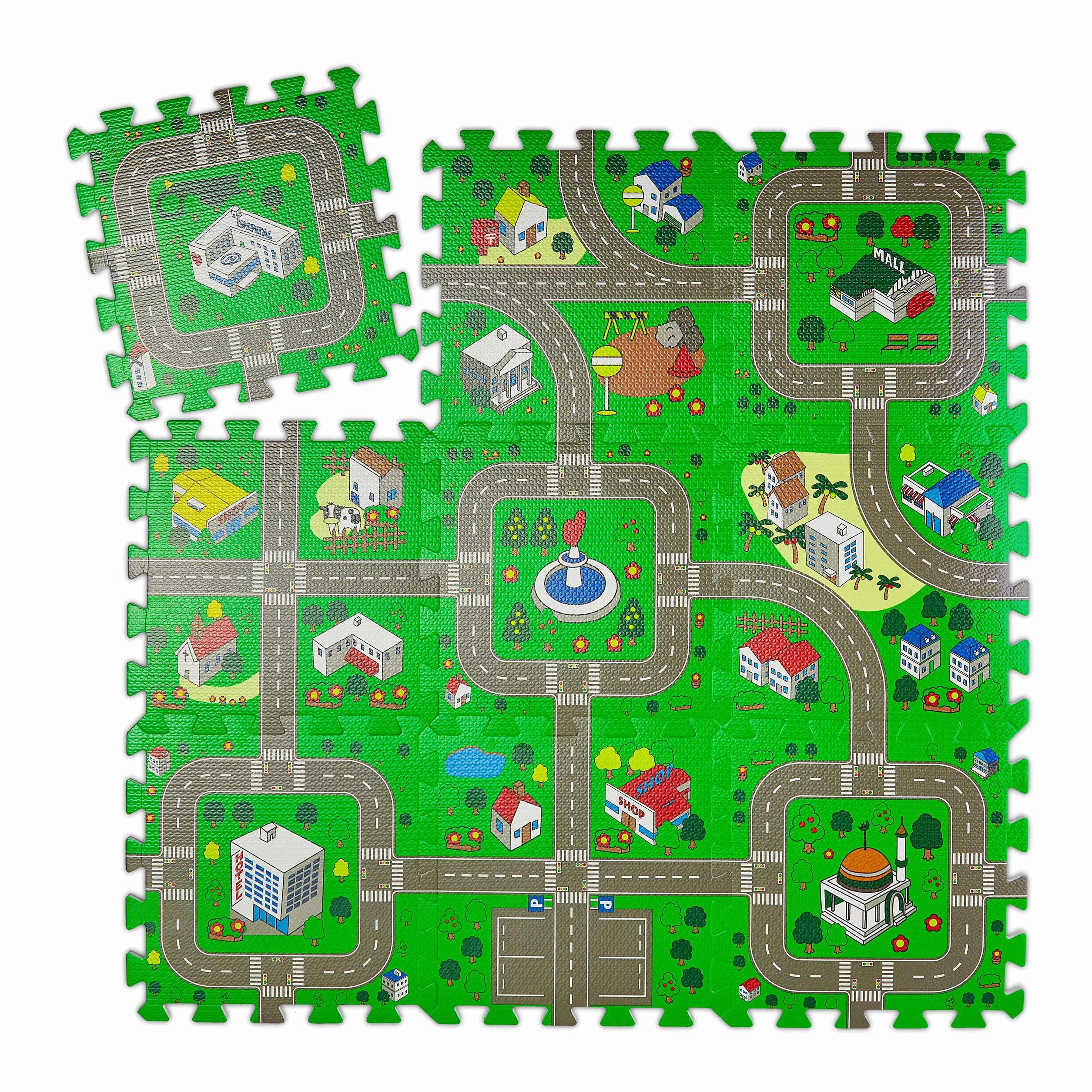 Relaxdays Puzzle z motywem ulicy, 9-częściowy dywan samochodowy, nie zawiera substancji szkodliwych, pianka EVA, pokój dziecięcy, szer. x gł.: 90 x 90 cm, kolorowy