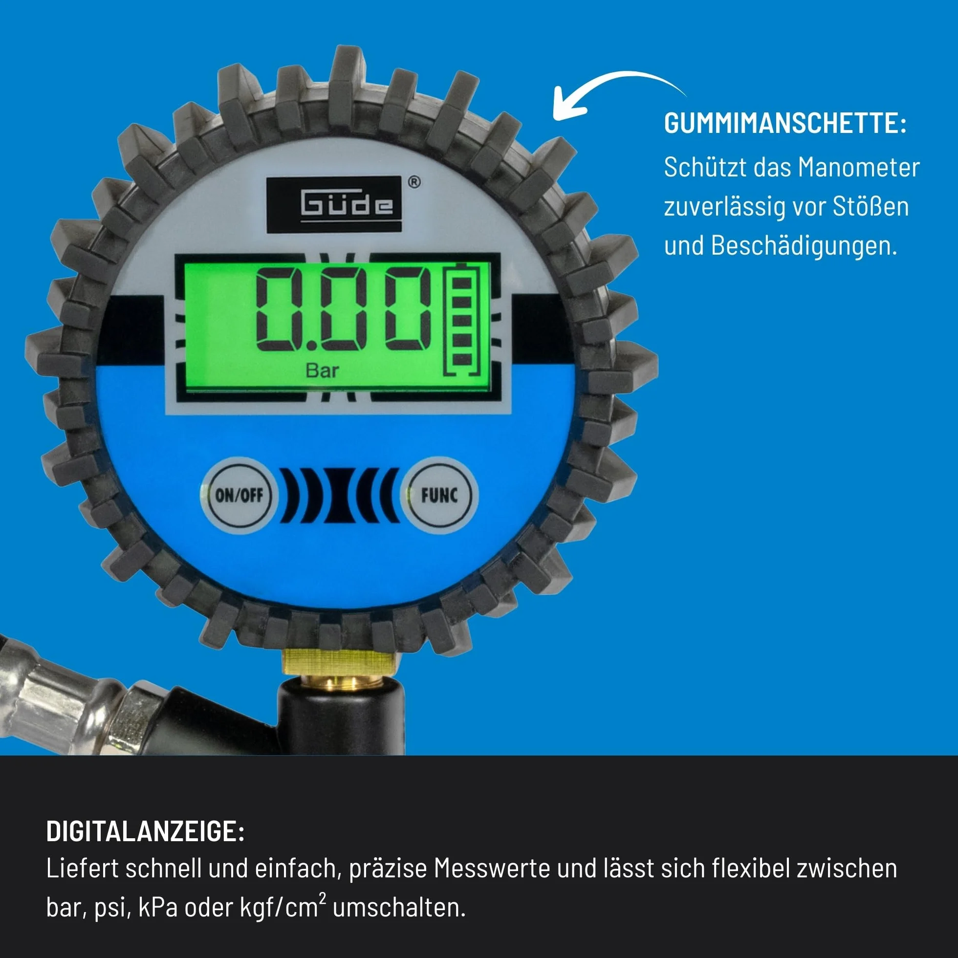 Güde Cyfrowa sprężarka do opon 11 E (ciśnienie robocze maks. 7 bar, 4-cyfrowy wyświetlacz w barach, psi, kPa, kgf/cm², automatyczne wyłączanie, złączka przyłączeniowa, zawór spustowy powietrza
