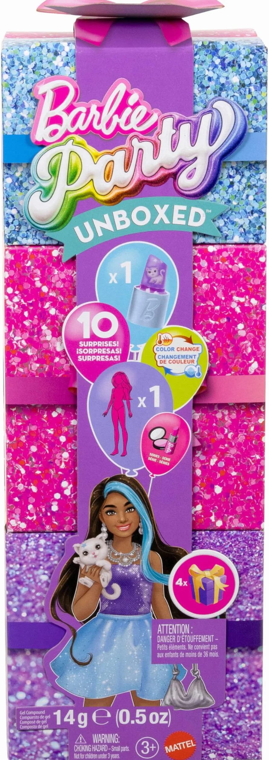 Barbie Party Unboxed Glam Party Stylowe przygotowania Zestaw fioletowy, lalka i akcesoria, łącznie 10 niespodzianek, w tym funkcja zmiany koloru, zabawka dla dzieci 3+, zestaw prezentowy, JFY66