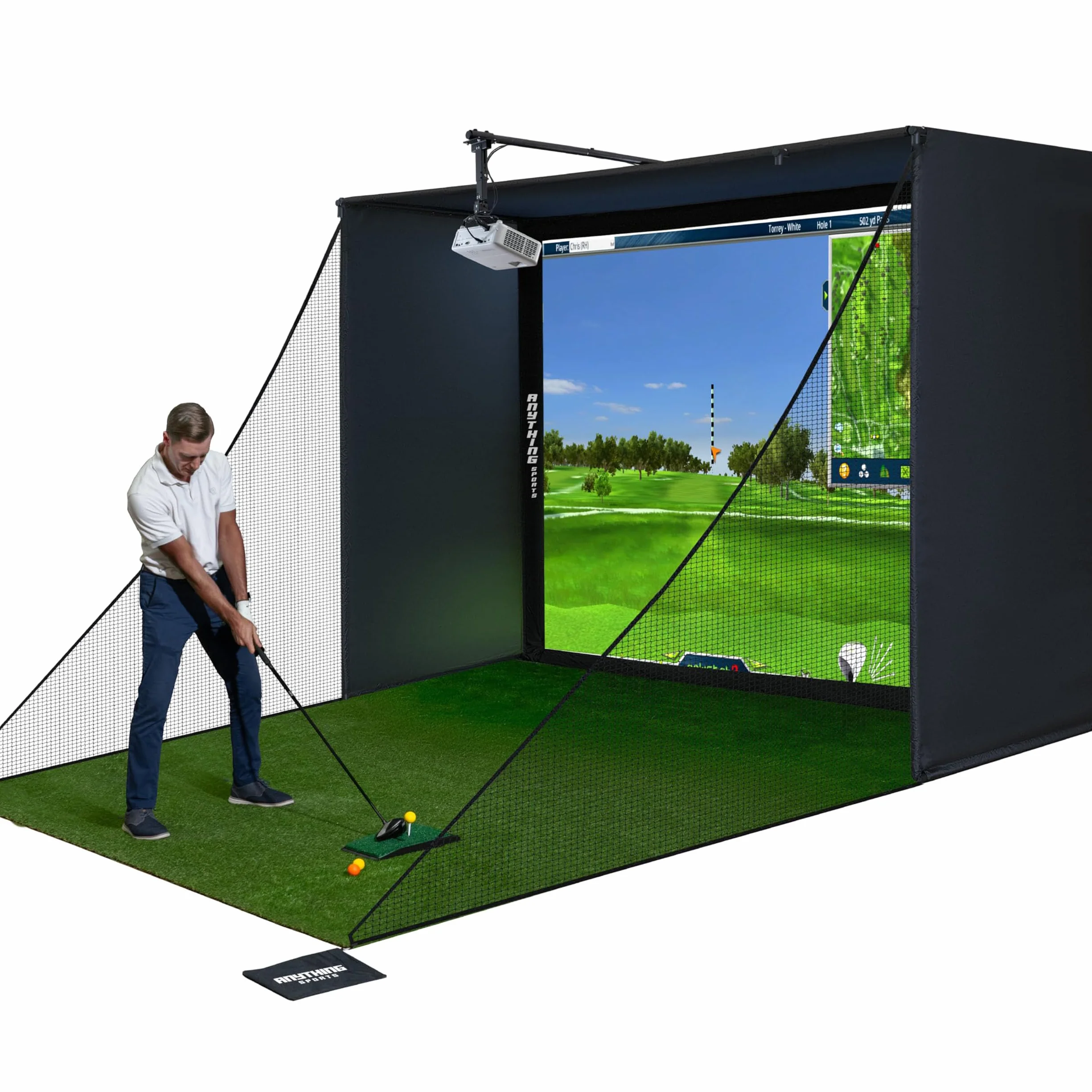 Anything Sports - Symulator Golfa Indoor Z Ekranem Uderzeniowym 4k I Siatką Ochronną - Profesjonalna Metalowa Klatka Golfowa Do Domu I Garażu - Kompletny Zestaw Treningowy - Różne Rozmiary